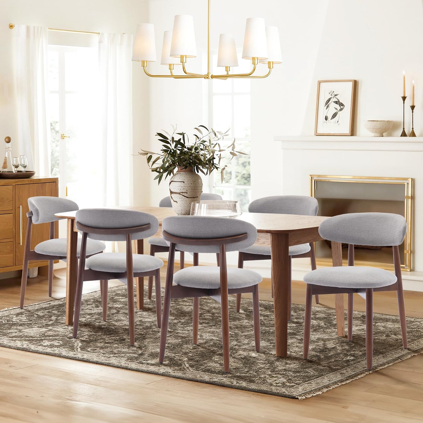 COLAMY Wooden Dining Chairs Set of 4, Modern Fabric Upholstered Dining Room Chair, Farmhouse Kitchen Chair with Foot Pegs, Light Grey