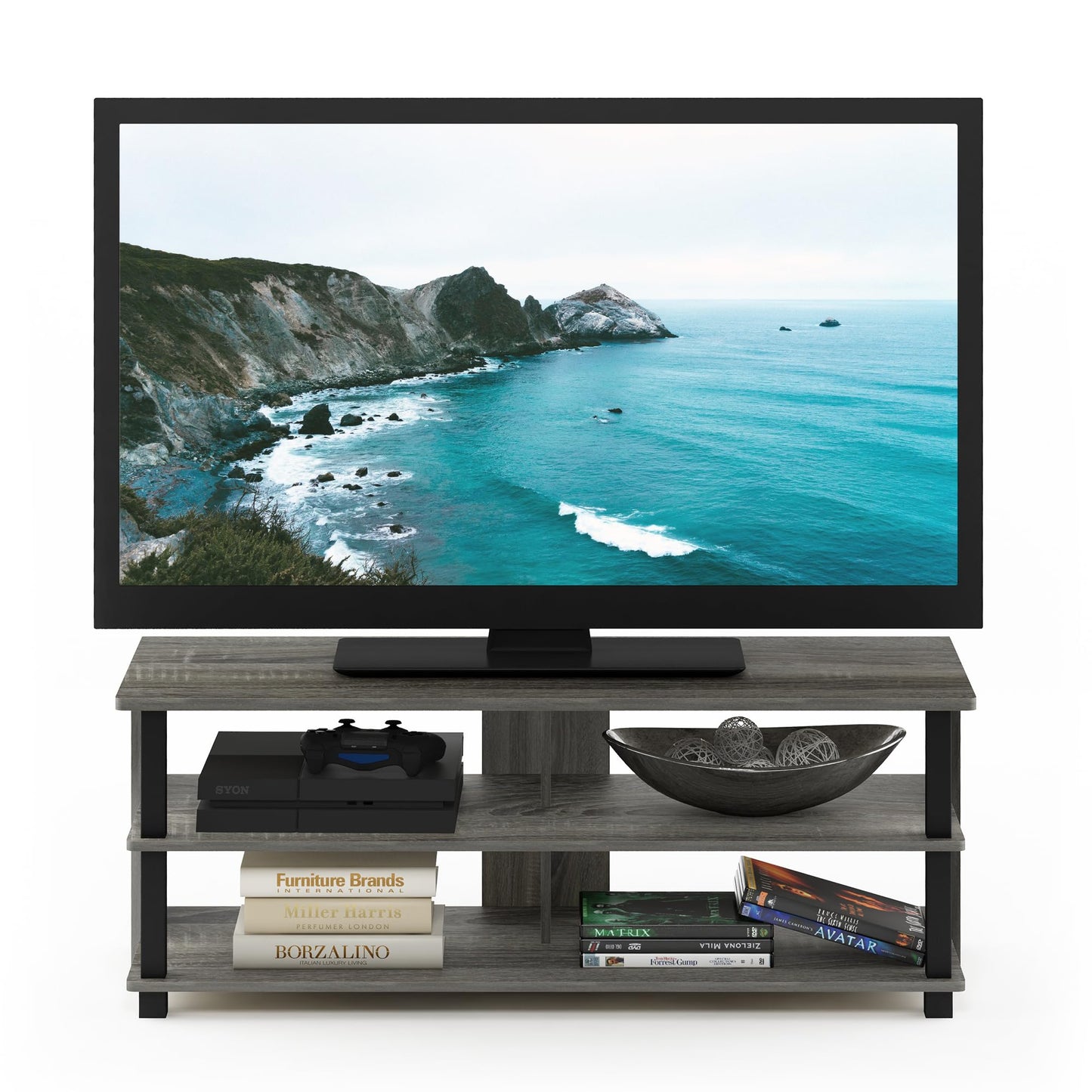 Furinno Sully 3-Tier Stand for TV Up to 48 Inch, French Oak Grey/Black