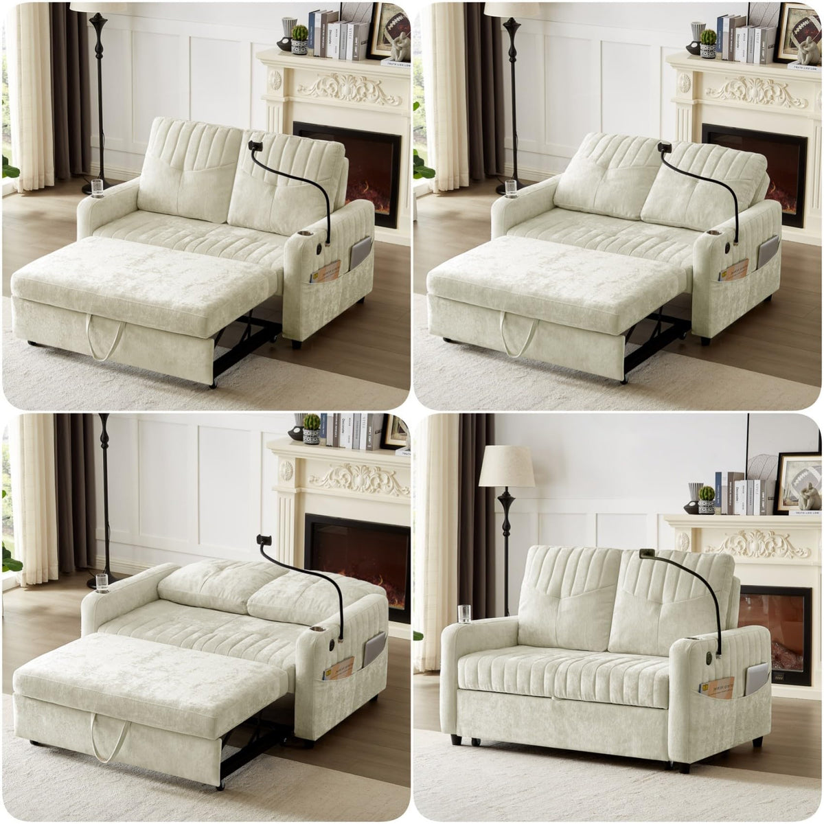 Merax Chenille 3-in-1 Pull Out Sleeper Sofa Bed Couch, 54" Convertible Futon Loveseat with Adjustable Backrest, 2 Cup Holders, Phone Stand, 3 Charging Ports and Storage Pockets for Living Room, Beige