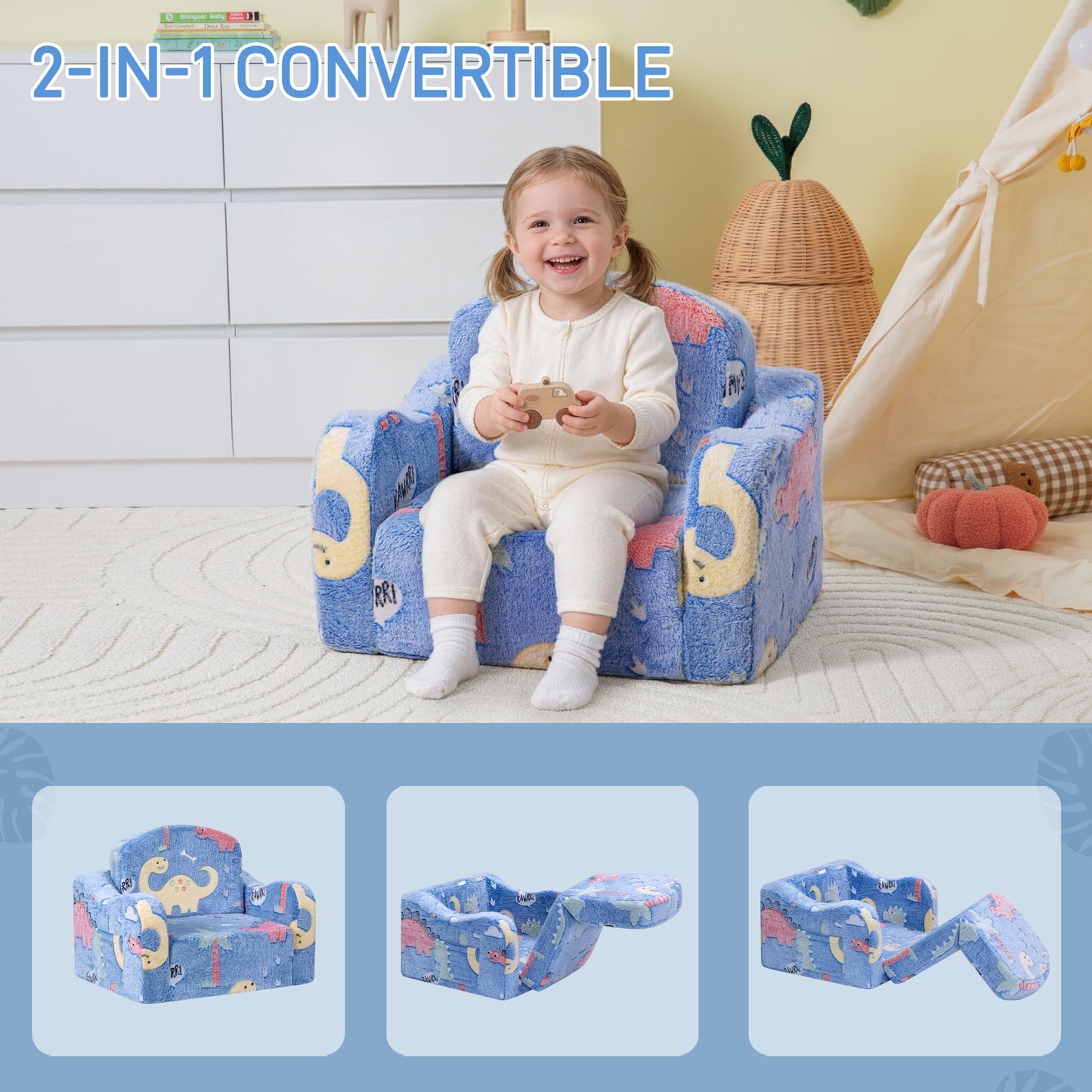 aodisman Thick Comfy Kids Chair and Couch, 2-in-1 Soft Foldable Plush Kids Sofa, Foam Seating for Reading and Play, Removable Washable Cover, Blue Dinosaur