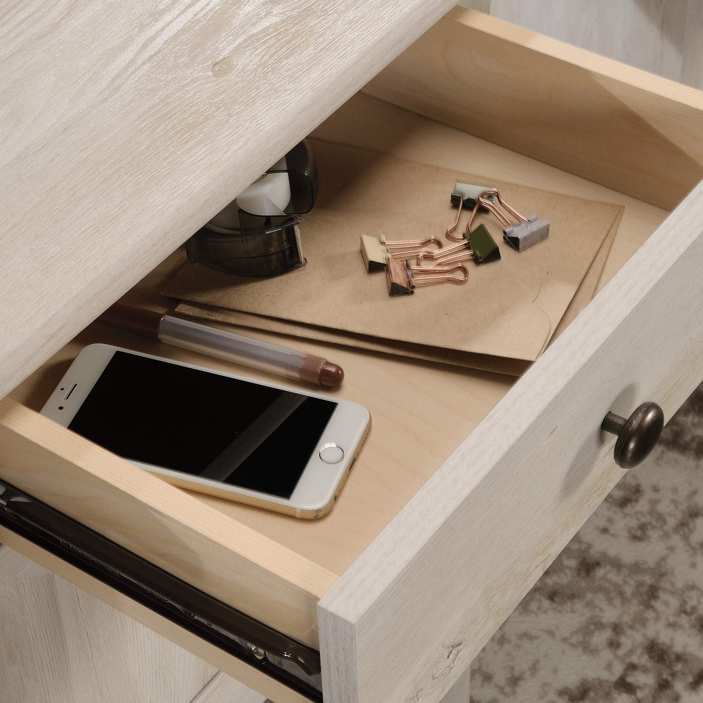 Sauder Edge Water L-Shaped Corner Desk with Storage Drawers and Open Shelf, in Chalked Chestnut