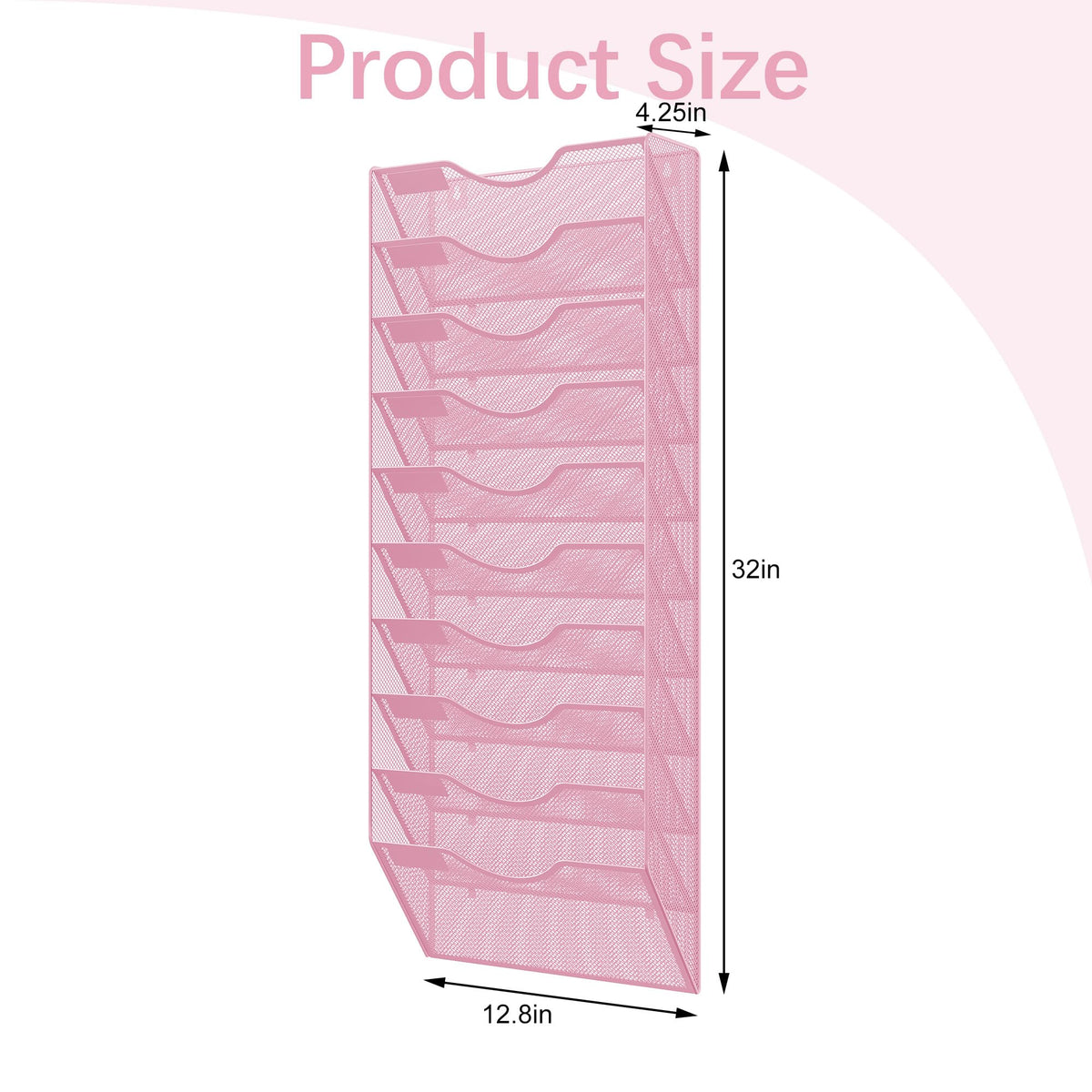 EasyPAG 10 Pocket Mesh Wall File Organizer, Hanging Paper Folder Holder with Classify Label, Vertical Wall Mount Mail Organizer for Office Home Classroom, Pink