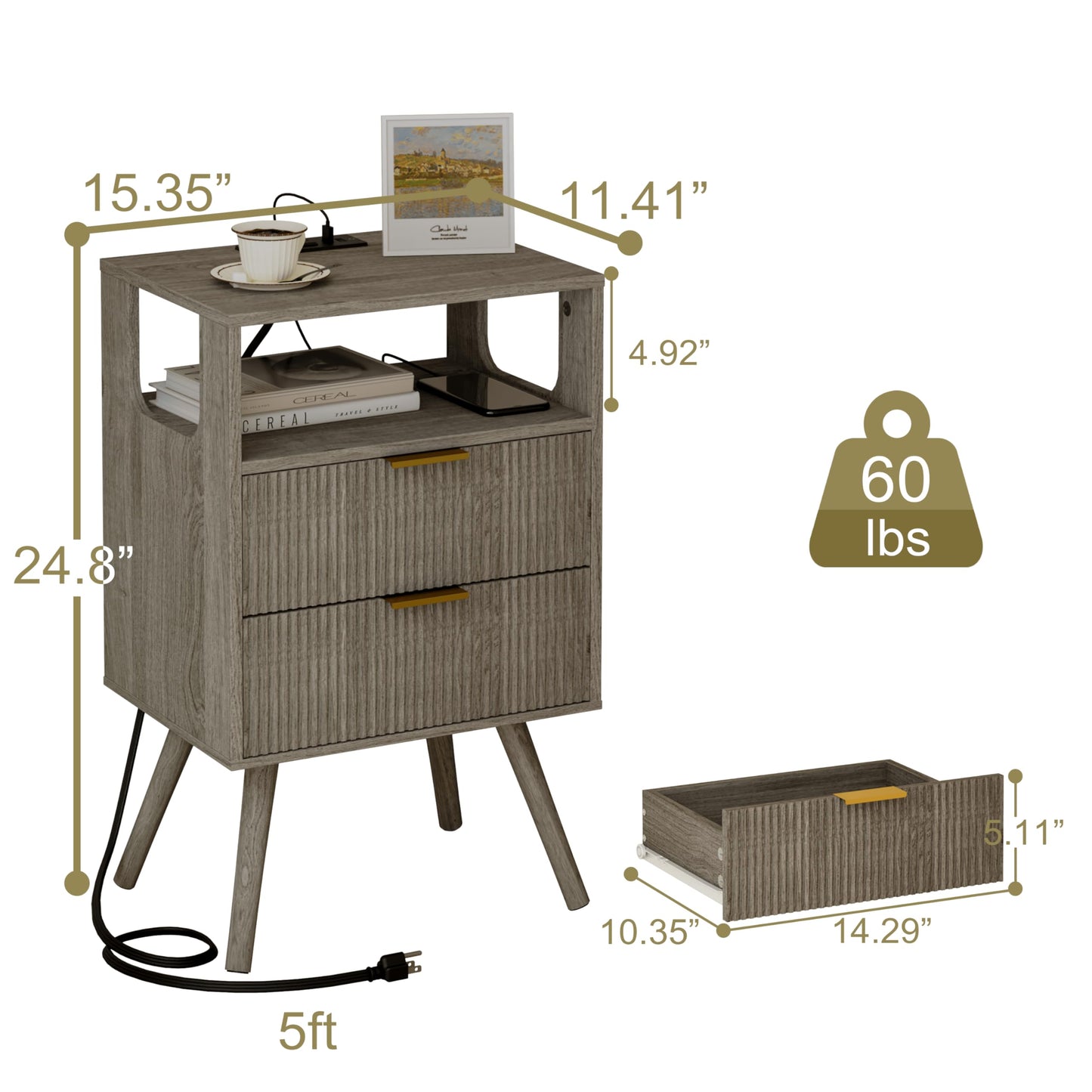 JOONEE Nightstand with Charging Station and LED Lights,Modern Bedside Table with 2 Storage Drawer and Open Wood Shelf, for Bedroom and Small Spaces,Night Stand with Solid Wood Legs,GreyOak