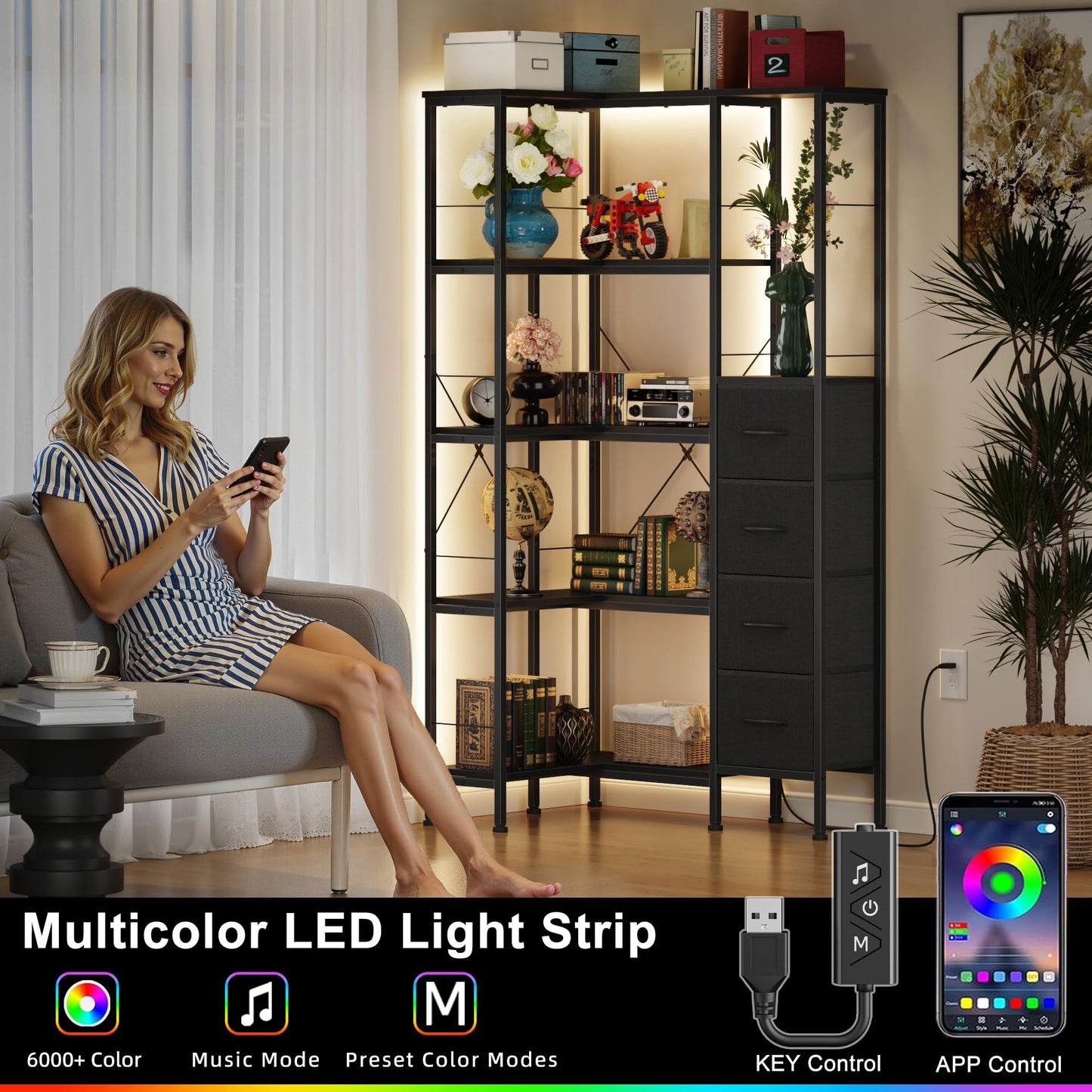 AFLUI Corner Bookshelf with LED Light Strips & 4 Fabric Drawers, 5-Tier Convertible Corner Shelf with Display Shelf, Large Wood Industrial Bookcase for Living Room, Bedroom, Home Office, Black
