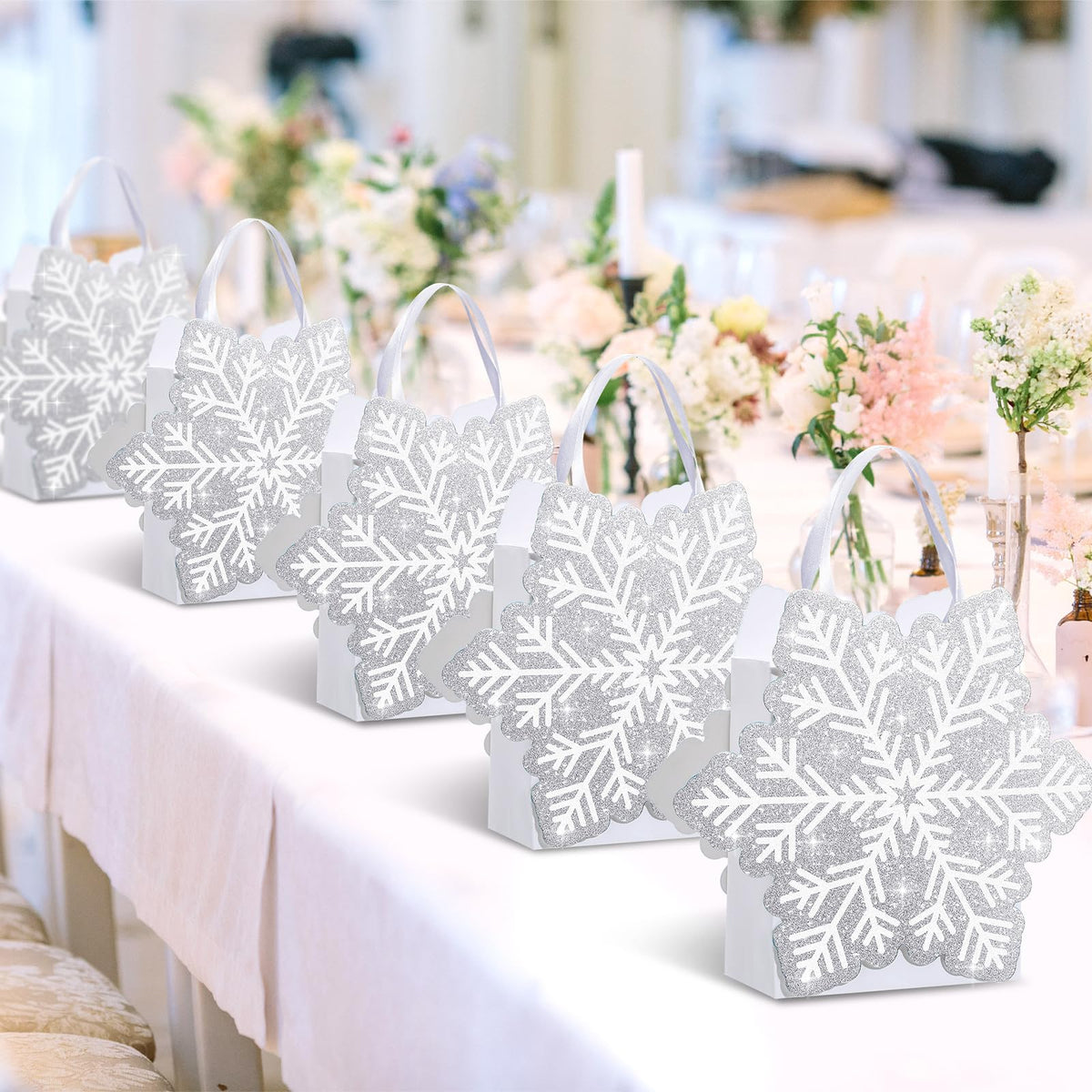 Kolldenn 12 Pcs Glitter Winter Snowflake Paper Bags Snowflake Party Favors Gift Bags with Handle for Summer Christmas Winter Holiday Birthday Wonderland Party Supplies Candy Treat Goodie