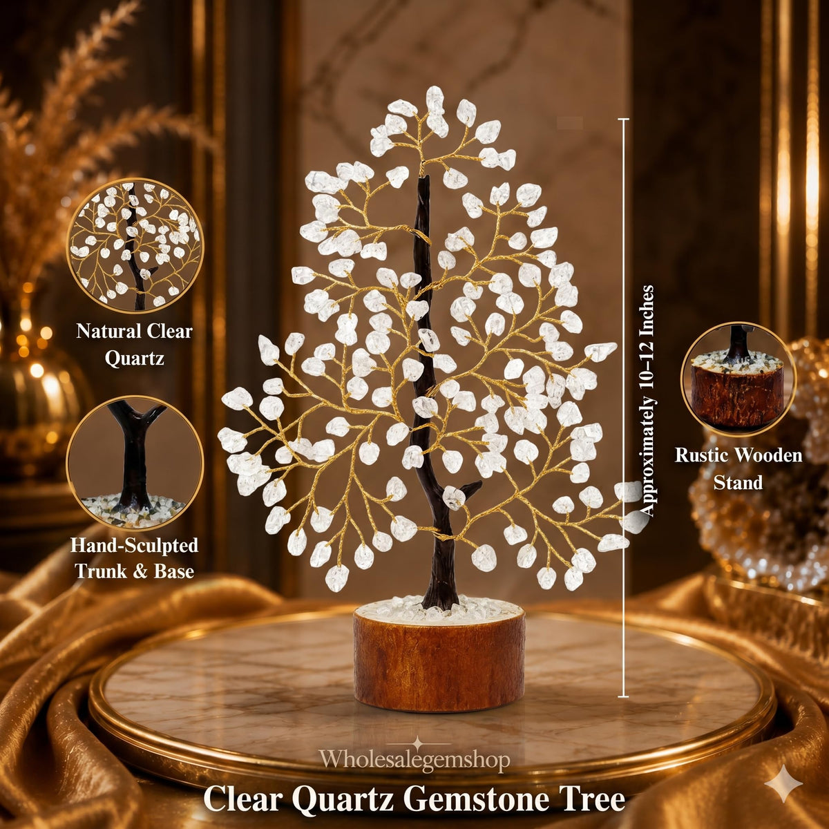 Gemscite Clear Quartz Gemstone Tree 10-12" Handmade Feng Shui Figurine Money Bonsai Good Luck Reiki Healing Crystals with Golden Wire Balancing Decoration for Table Room Decor Gift