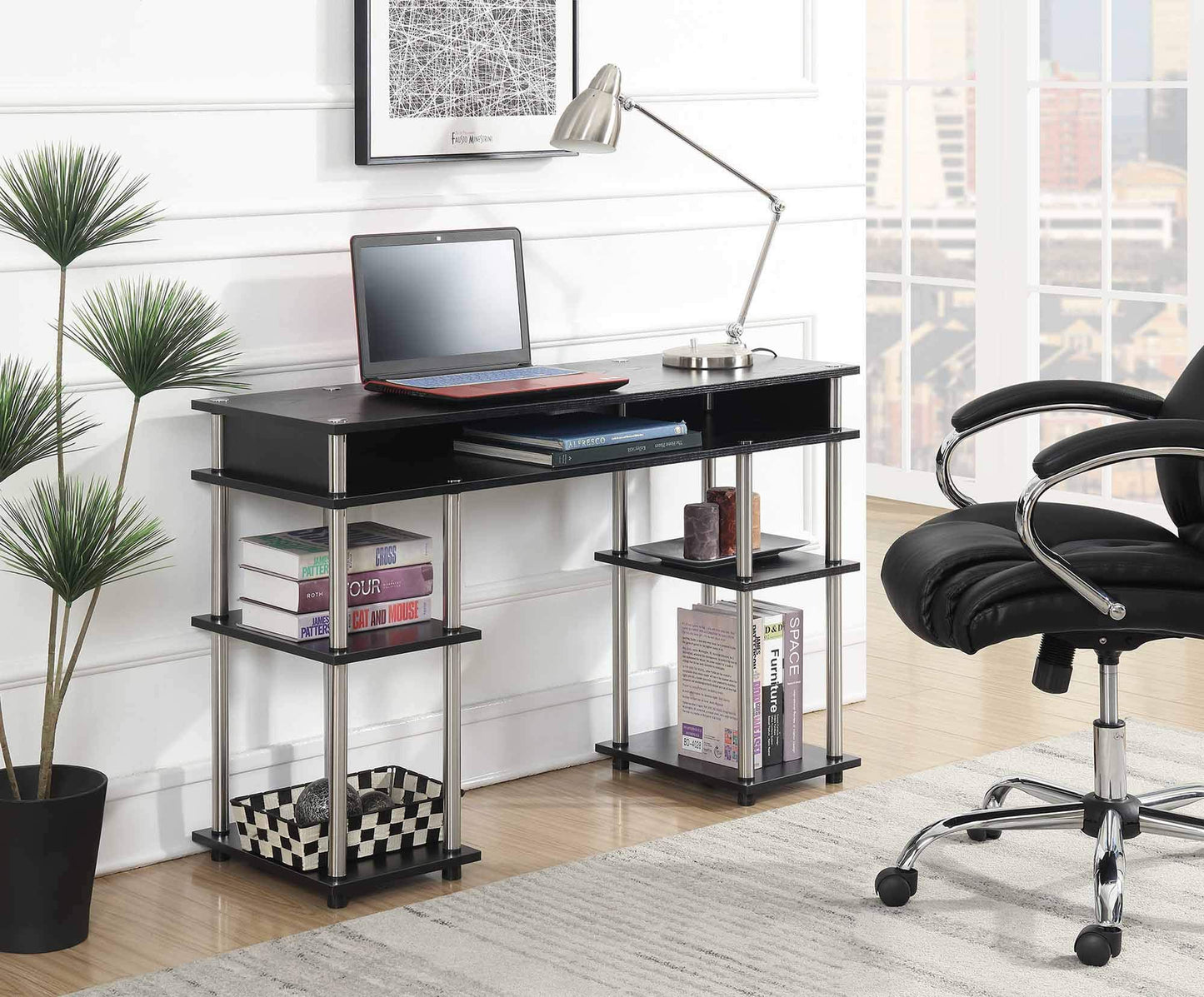 Convenience Concepts Designs2Go No Tools Student Desk 47.25" - Contemporary Office, Dorm Room Desk and Vanity with Storage Shelves, Black