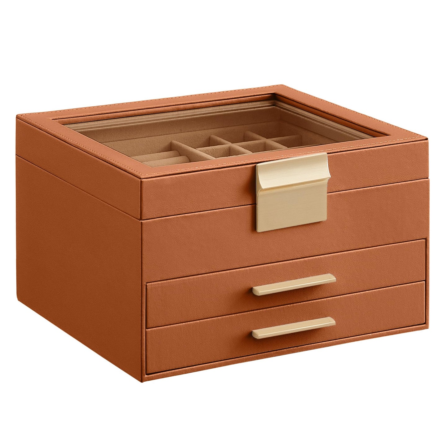 SONGMICS GISELLA Collection - Jewelry Box Organizer, 3-Layer Jewelry Storage with 2 Drawers, Shiny Metal Hardware, Glass Lid, Modern, 8 x 9.1 x 5.3 Inches, Caramel Brown and Gold UJBC239K01