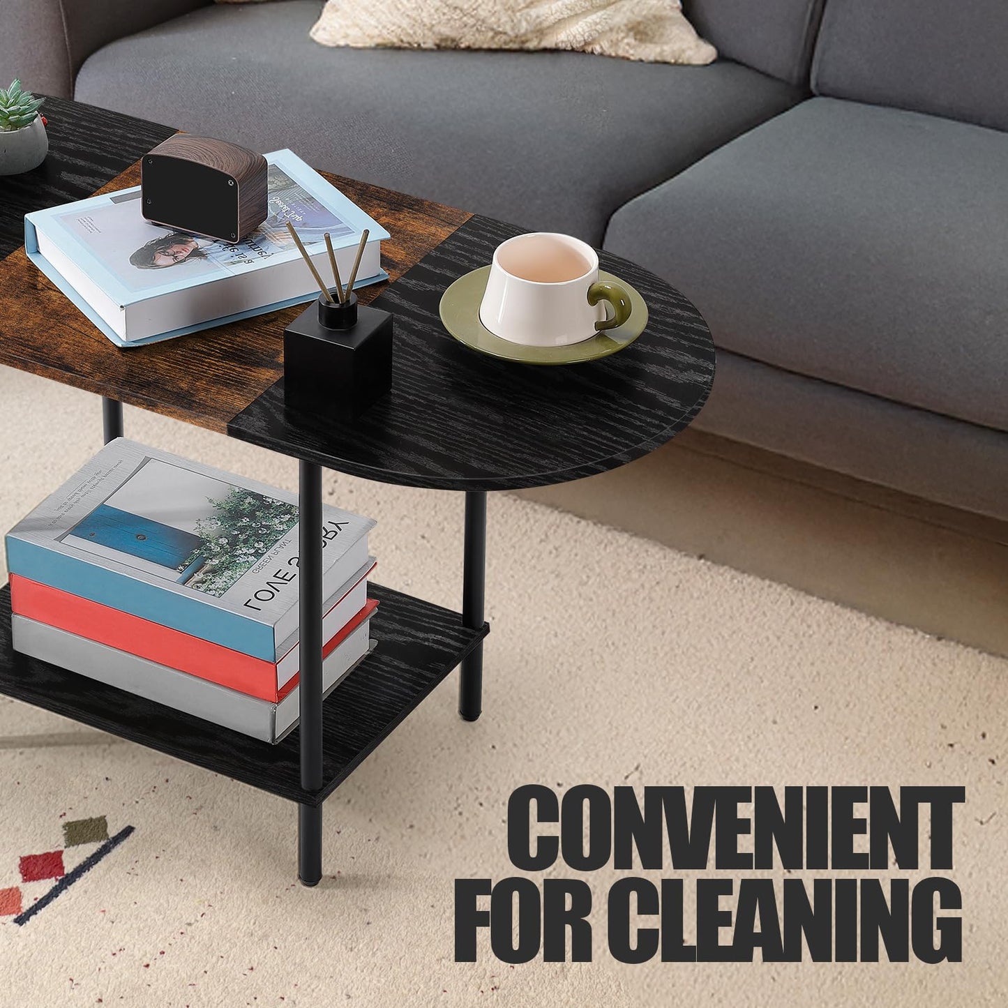 KANEODOT Coffee Tables for Living Room,Mid Century Small Oval Center Table with 2-Tier Storage Shelf and Wood Tabletop,Farmhouse Narrow Cocktail Tea Table for Small Space,Apartment,Black Brown