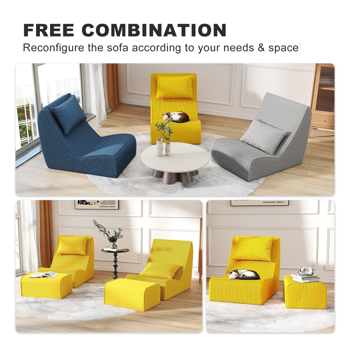 Giant Bean Bag Chair for Adults,Corduroy Chaise Lounge with Unrivaled Back Support, Detachable Neck Pillow, Comfortable Ottoman & Washable Cover for Living Room, Bedroom, Garden (Corn Yellow)