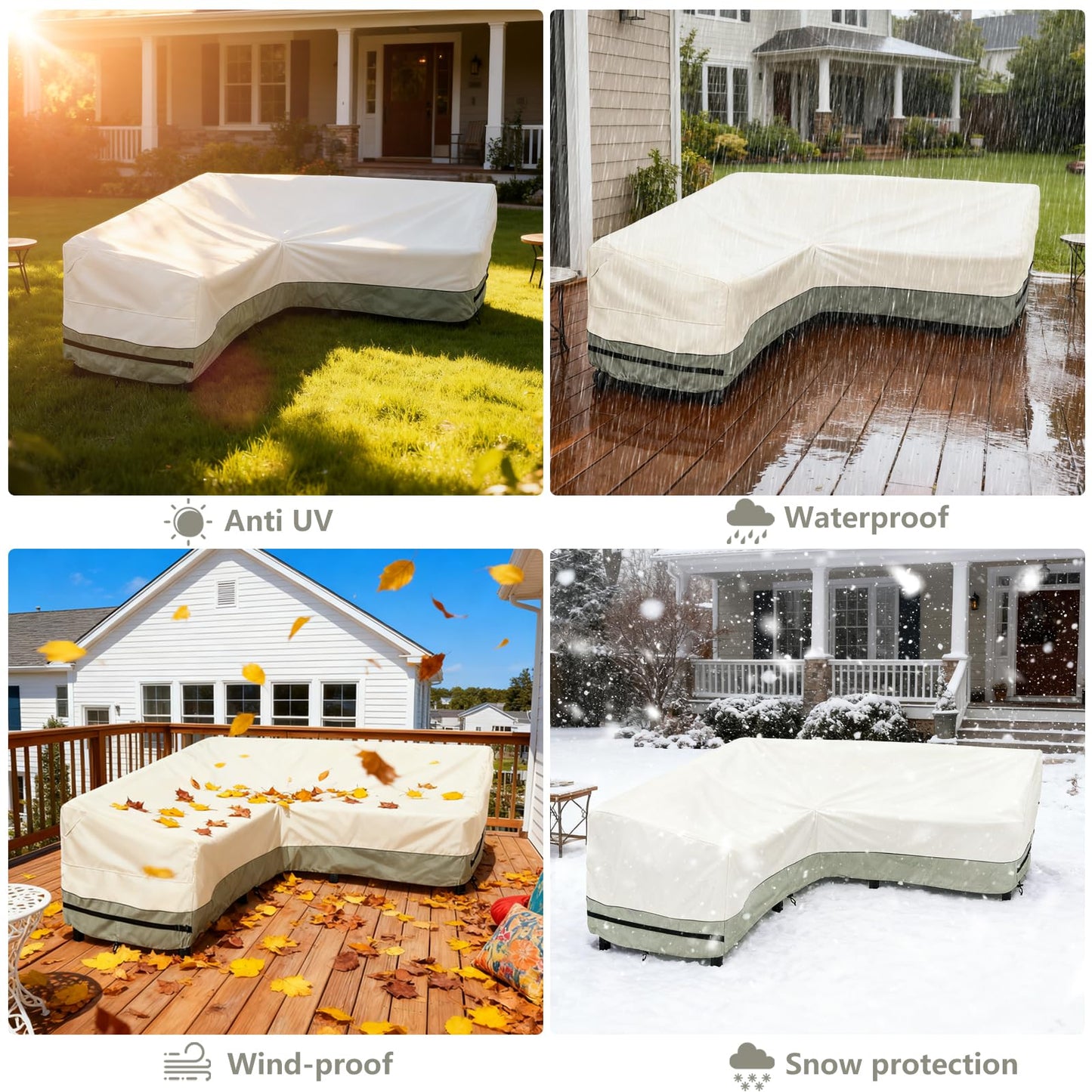 okcool Outdoor Sectional Cover,V Shaped Patio Furniture Covers for 5-Seater Outdoor Sectional Furniture Couch 85"(85''L) x 33.5''D x 31''H,White&Grayish Green