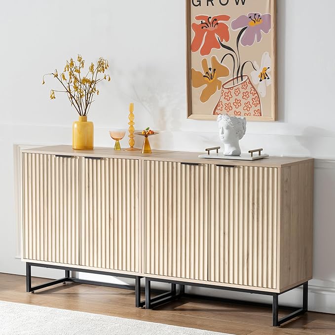 EYYTHUNG Fluted Storage Cabinet Set of 3, Sideboard Buffet Cabinet Modern