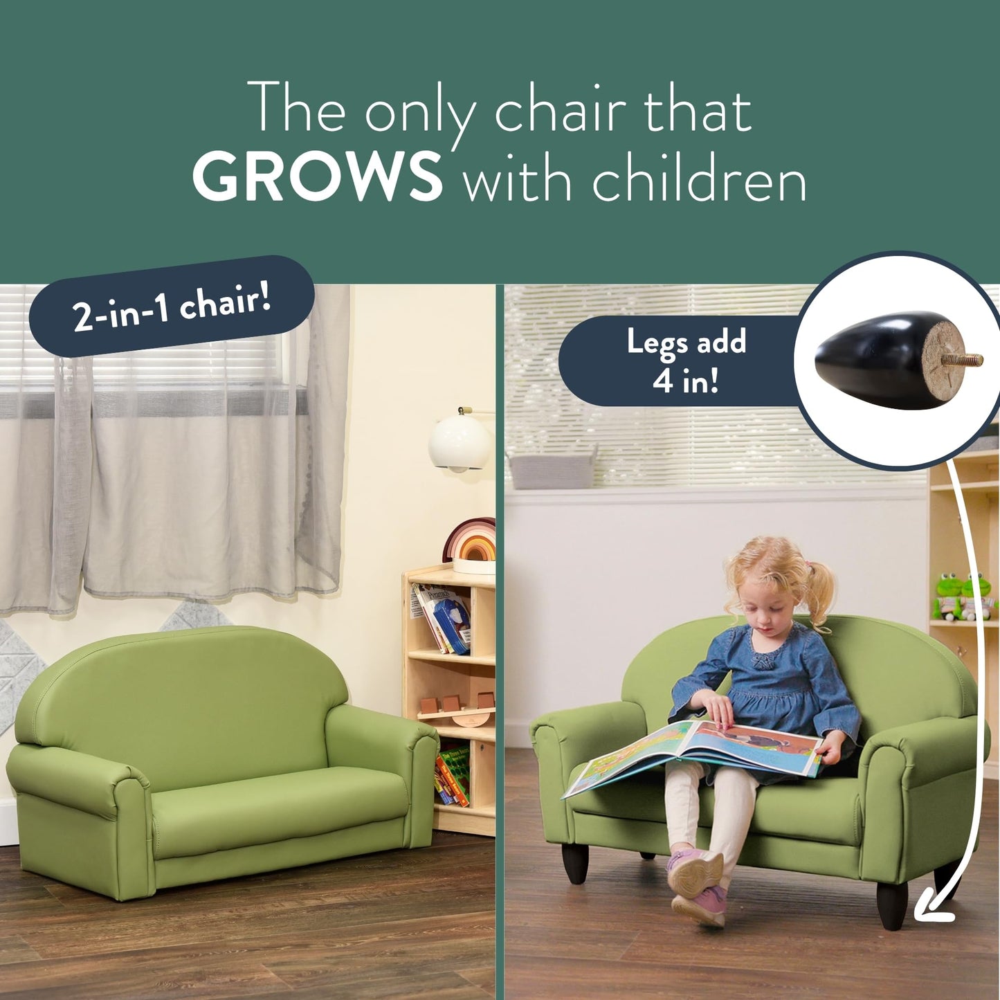 Children's Factory As We Grow Chair and Couch, Flexible Seating for Daycare or Preschool, Kids Reading Couch, Playroom Furniture, Sage