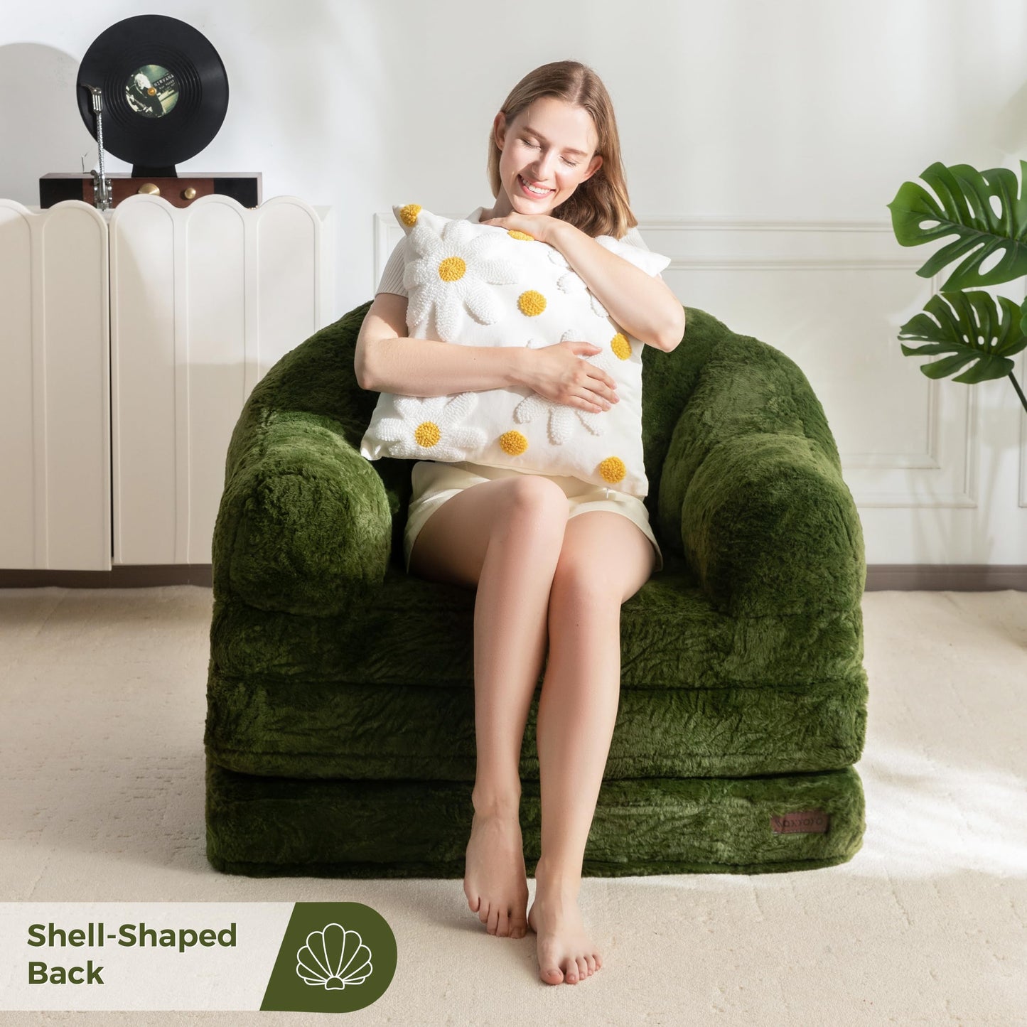 MAXYOYO Folding Sofa Bed, 2 in 1 Convertible Sofa to Lounger Comfy Single Bean Bag Chair for Adults, Floor Couch with Handle, Faux Fur Couch Bed for Living Room Bedroom, Green