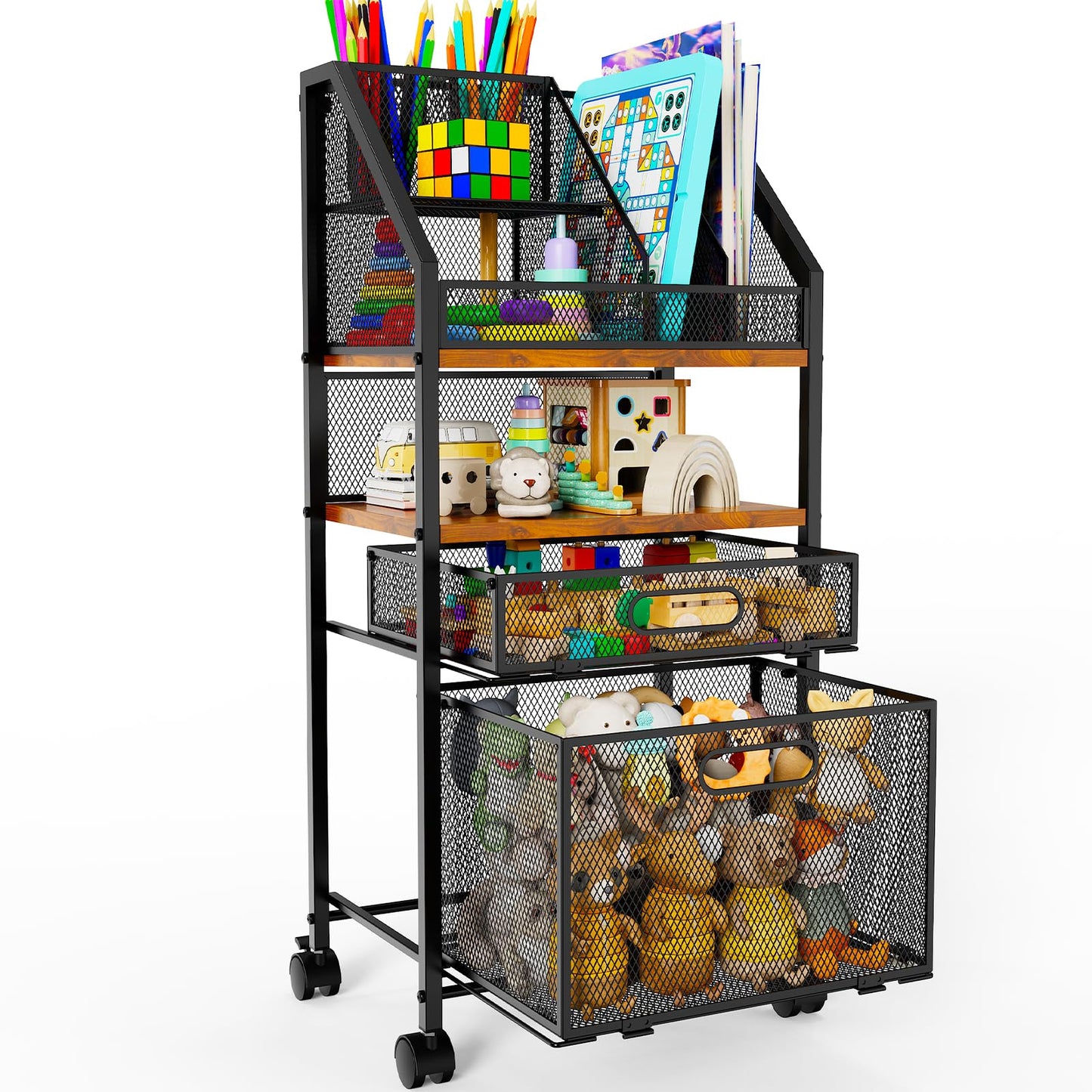 Cankm Rolling Cart with Drawers Metal Moving Craft Storage Cart with Lockable Wheels Wood&Mesh Rolling Utility Organizer Filing Cabinets for Home Office Classroom Organization(31 * 15 * 10 Inch)