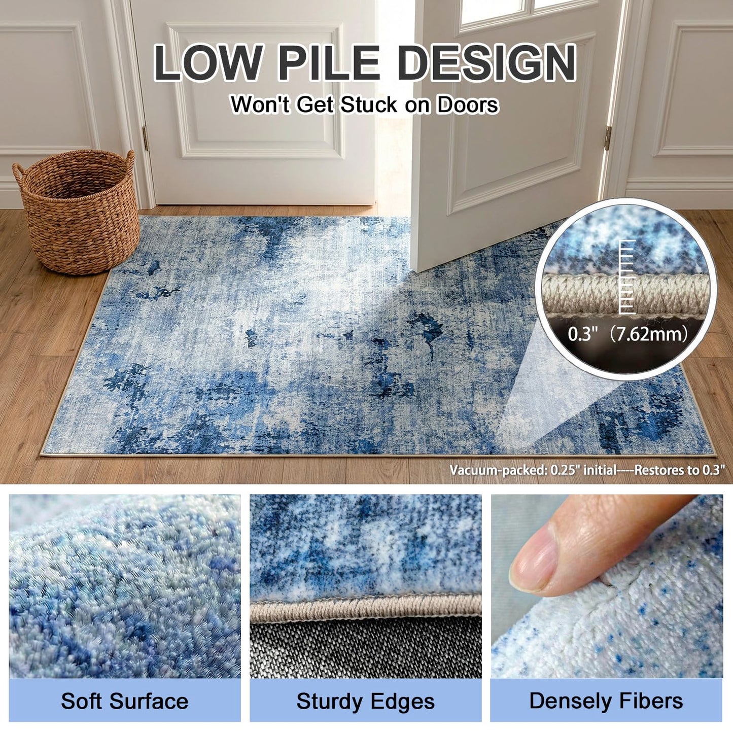 Cnythlis Washable Pet Friendly Area Rug, Water & Stain Resistant, 0.3" Low Pile, Foldable Abstract Rug, Non-Slip Cotton-Backed with Silicone Backing, for Bedroom Study Room, 5'x7', Navy Blue
