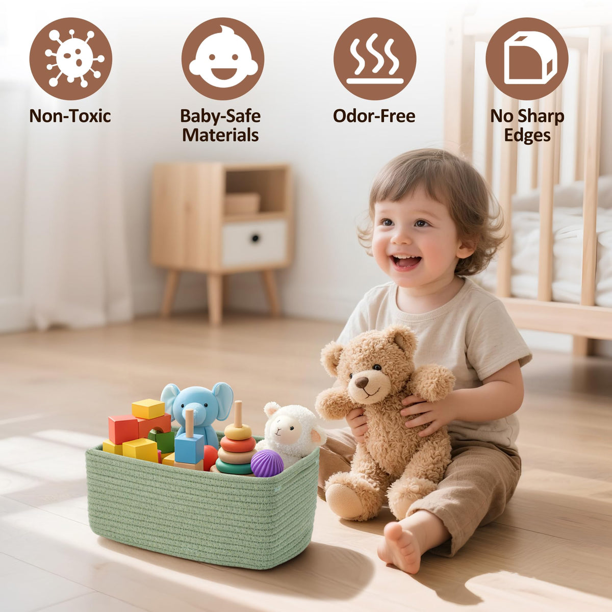 VIRETH HAUS 5-Pack Small Woven Rope Storage Baskets – 2 Sizes Organizer Bins for Closet, Shelf, Bookshelf, Nursery, Changing Table, Fabric Cube Boxes, Rectangular Shallow Bins for Bathroom, Toy & Home