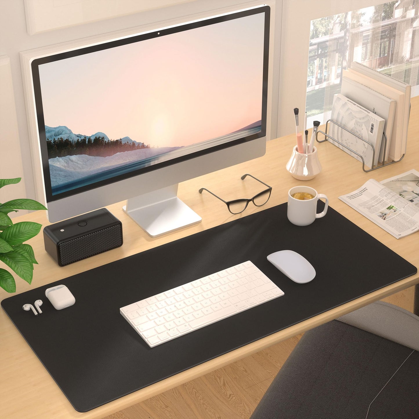 Leather Desk Pad Protector, Mouse Pad, Non-Slip Computer Mat for Desk, PU Leather Office Desk Mat for Home Office, Waterproof Laptop Desk Blotter Pad for Keyboard and Mouse, Black (13.7''X23.6'')