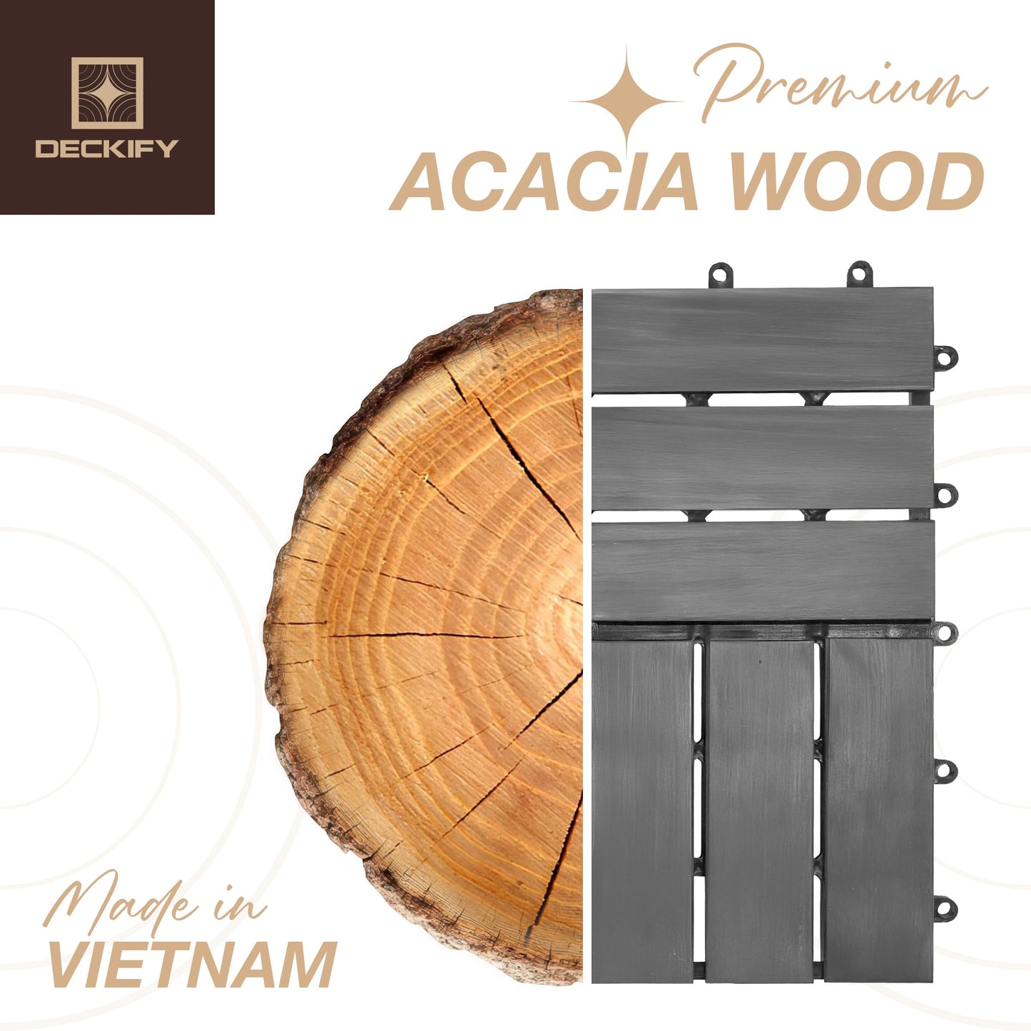 DECKIFY 9Pcs Premium Acacia Wood Interlocking Patio Deck Tiles, 12 x 12 x 0.9 Inch Outdoor Flooring, Waterproof for All-Weather Use – Crossed, Gray