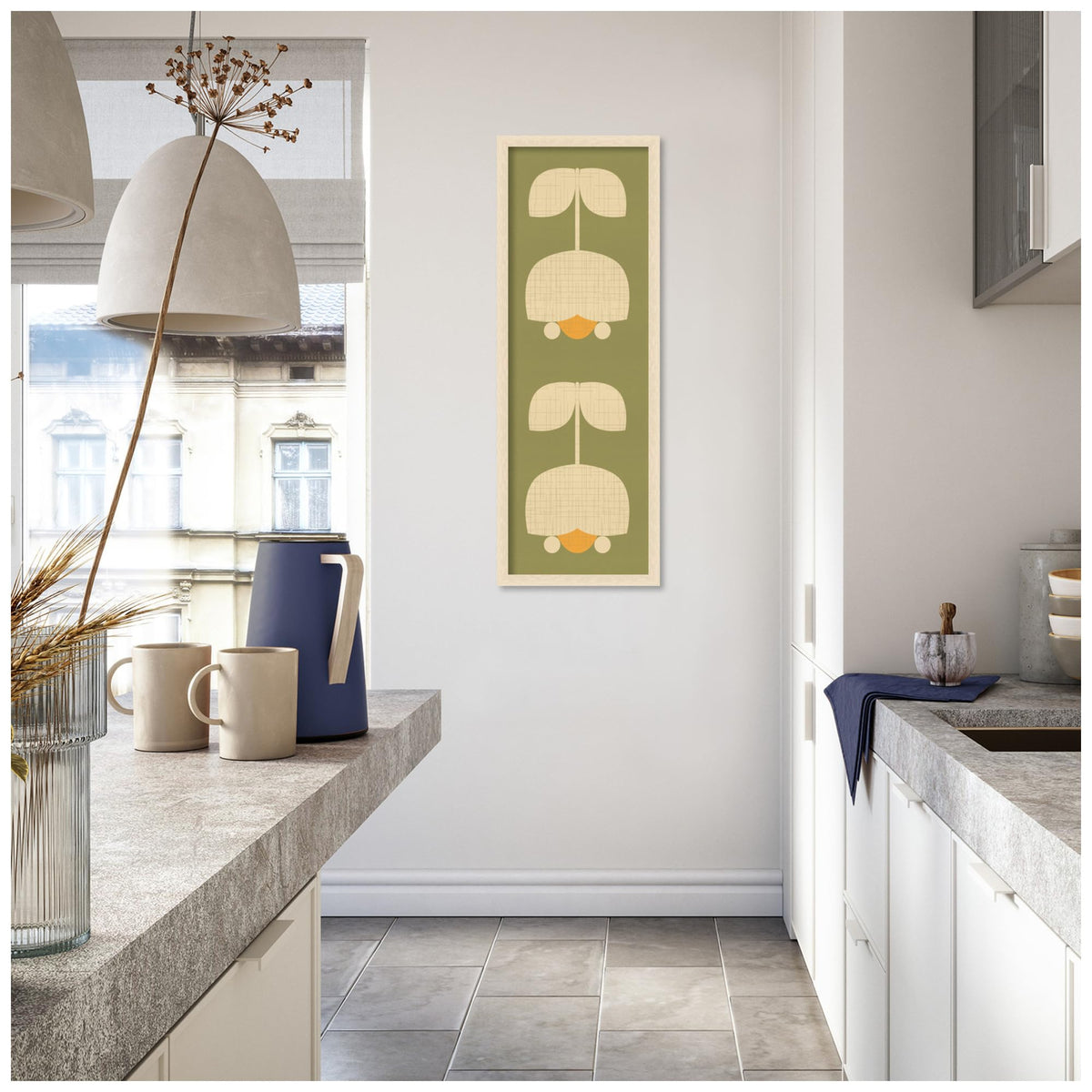 Amanti Art Framed Fabric Pinboard 15 x 42, Scandinavian Tulip Decor by Dina Dankers Printed Casual Bulletin Board for Use as a Vision Board or Wall Organization, Woodgrain Stripe Blonde Frame