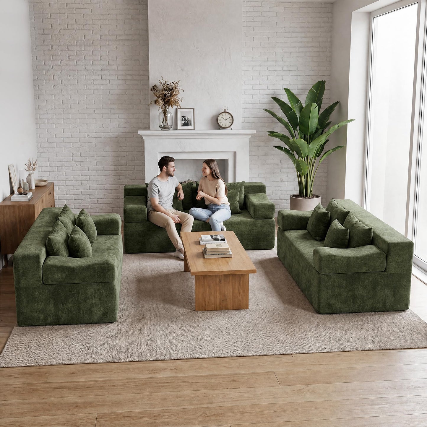 MONVANE 3-Piece Boneless Loveseat Couch Set for Living Room, Oversized Modular Sectional Sofa Set with Removable Armrests, Comfy Chenille Cloud Couch with 12 Pillows, No Assembly Required, Green
