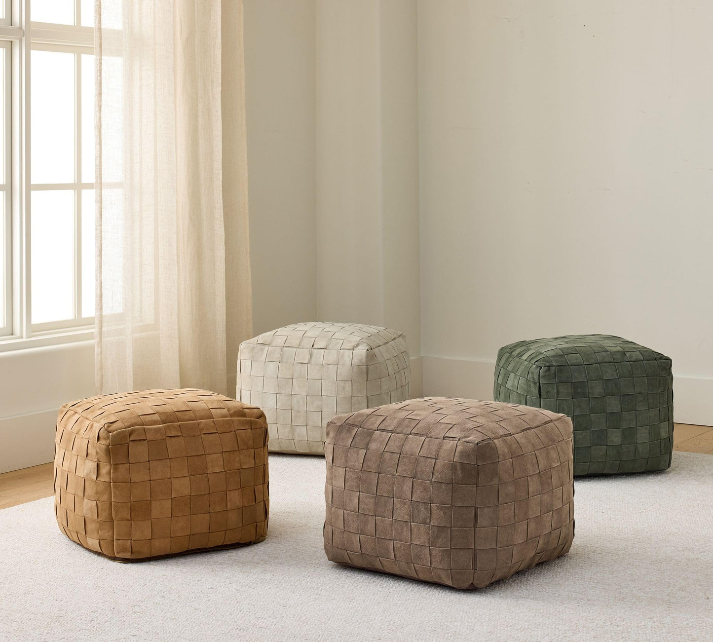 Luxury Handcrafted Suede Basketweave Pouf Ottoman – Soft & Durable Floor Cushion, Footrest, and Accent Seating for Living Room, Bedroom, & Office – Stylish Modern Home Décor (Camel, 18" x 18" x 14")
