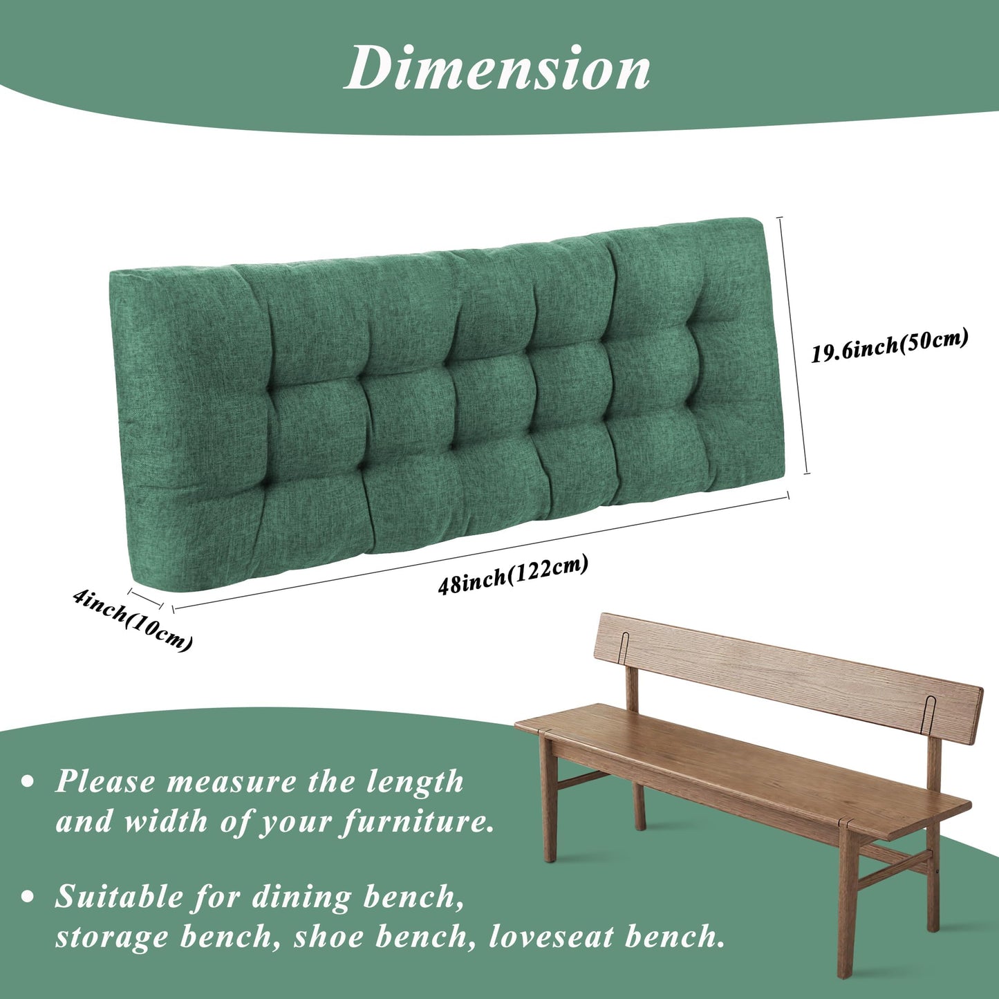 FlyGulls Bench Cushion for Indoor Furniture 48 x 19 inch Rectangle Bench Seat Cushion for Bay Window Entryway Bench Thick Textured Chair Cushion with Non-Slip Backing 1 Pack, Green