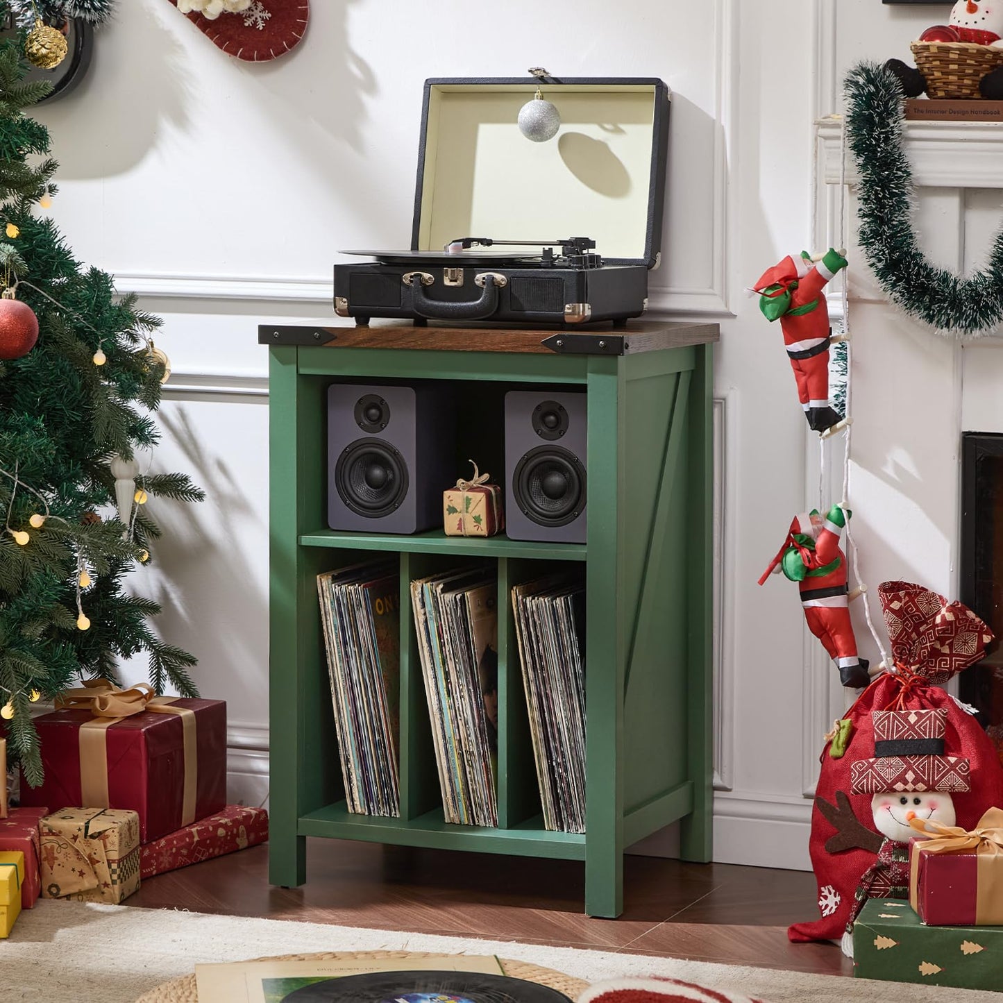 Joaxswe Record Player Stand with Vinyl Record Storage,Green Record Player Table Holds up to 160 Albums,Large Wood Turntable Stand Cabinet Dispaly Shelf for Living Room,Bedroom,Office