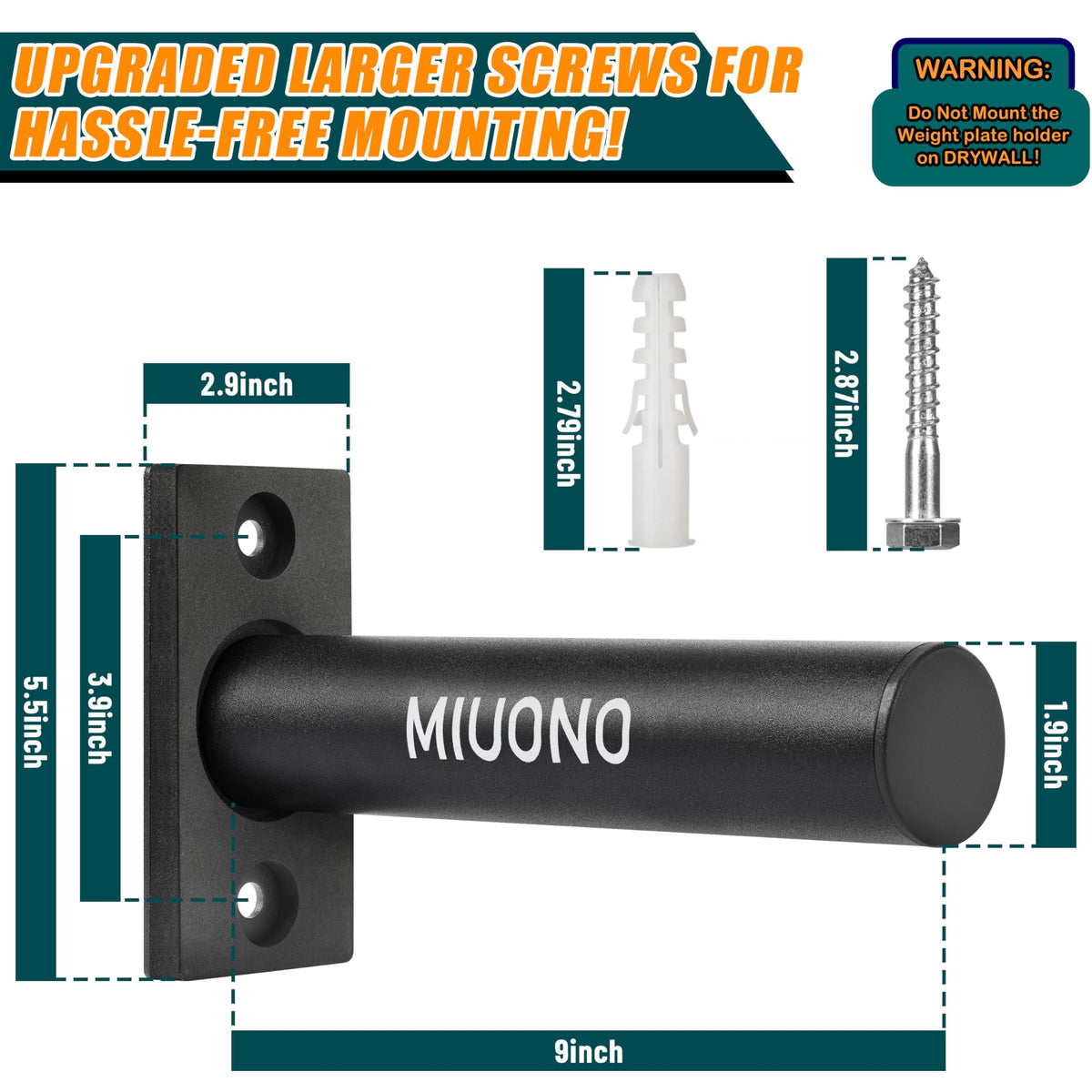 MIUONO Weight Plate Holder, Wall Mounted Weight Rack Storage for 2" Olympic Weight Plate, 4 Pack Home Gym Organizer (Upgraded Larger Screws)