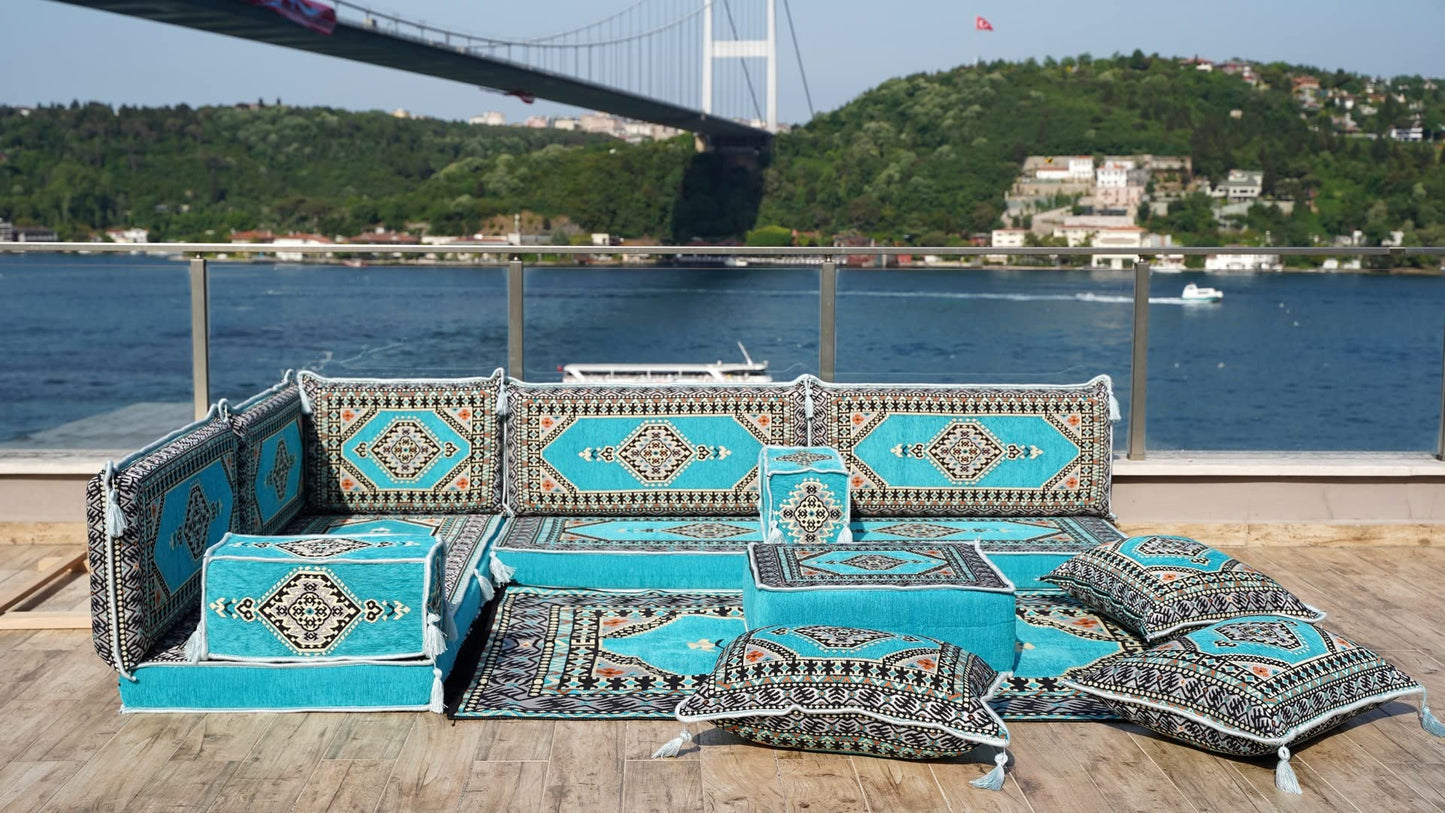 L Shaped Arabic Floor Cushions, Sectional Sofas, Arabic Majlis Set, Custom Made Sofa, Arabic Sofa Set, Seating Cushions (4'' Thickness Sofa, L Sofa Full Set, Turquoise)