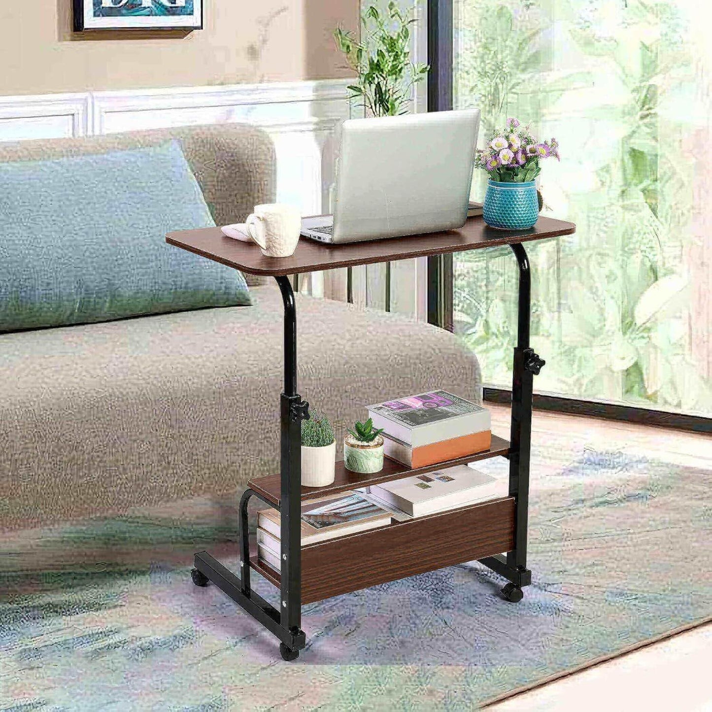 Dekhaoxe Adjustable Table Student Computer Desk Portable Home Office Furniture Small Spaces Sofa Bedroom Bedside Learn Play Game Desk on Wheels Movable with Storage Size 31.5 * 15.7 Inch Brown A