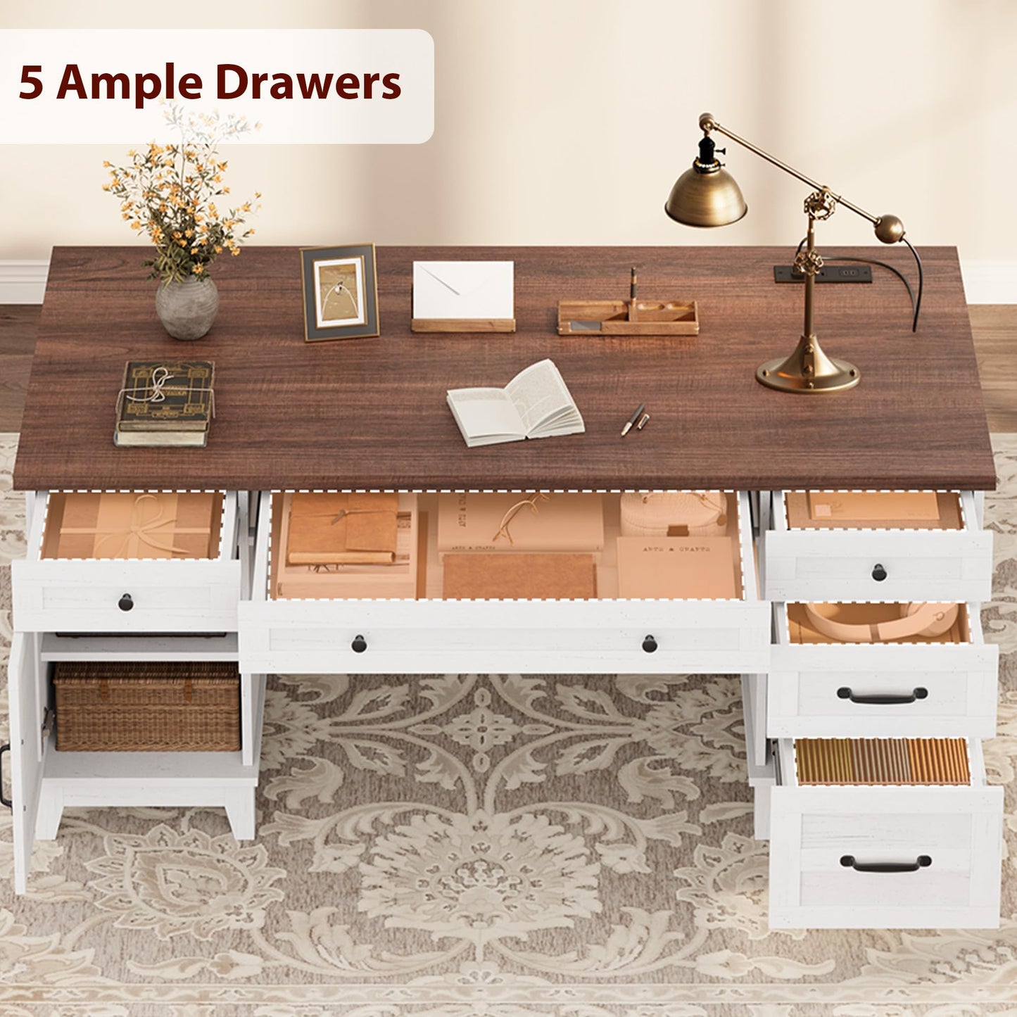 GarveeHome Executive Desk with File Drawers, Farmhouse Home Office Desk with Charging Station, 60 in Wooden Computer Desk with Cabinet Storage for Work Study Writing, White Walunt