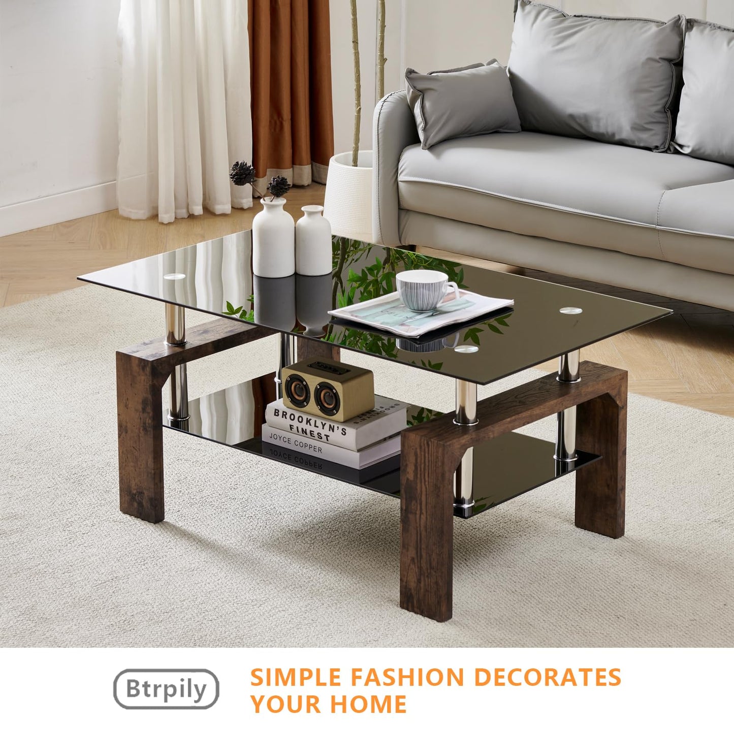 Living Room Rectangle Coffee Table, Tea Table Suitable for Waiting Room, Modern Side Coffee Table with Wooden Leg, Glass Tabletop with Lower Shelf.(Black Brown)