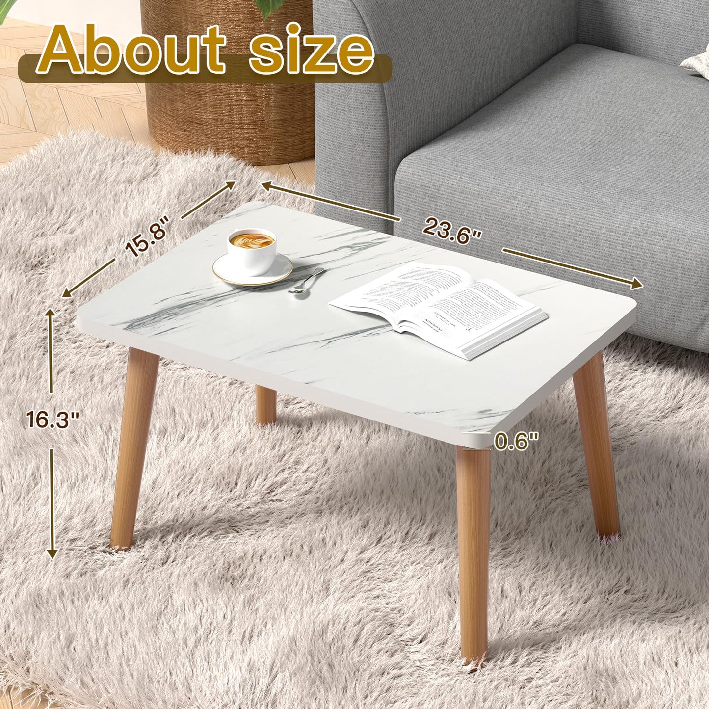 Coffee Table, 23.6" Small Oval Coffee Tables for Small Space with 4 Solid Wood Leg, Floor Table Desk for Sitting on The Floor, Side Table Japanese Low Table for Living Room Apartment, Rectangle White