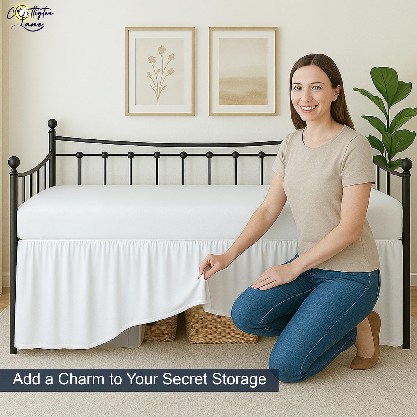 Cottington Lane Daybed Skirt with Split Corners Twin Size Gather Dust Ruffle Bedskirt 14 Inch Drop, Premium Hotel Quality Brushed Microfiber, Classic Platform Fit, White