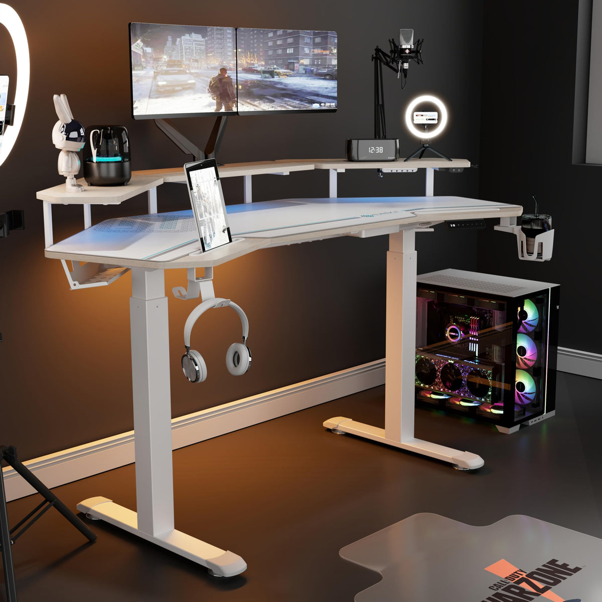 EUREKA ERGONOMIC Standing Desk,63" Electric Adjustable Height Computer Desk,Wing Shaped Music Studio Desk, LED Monitor Stands, Dual Motor&Slot, Maple