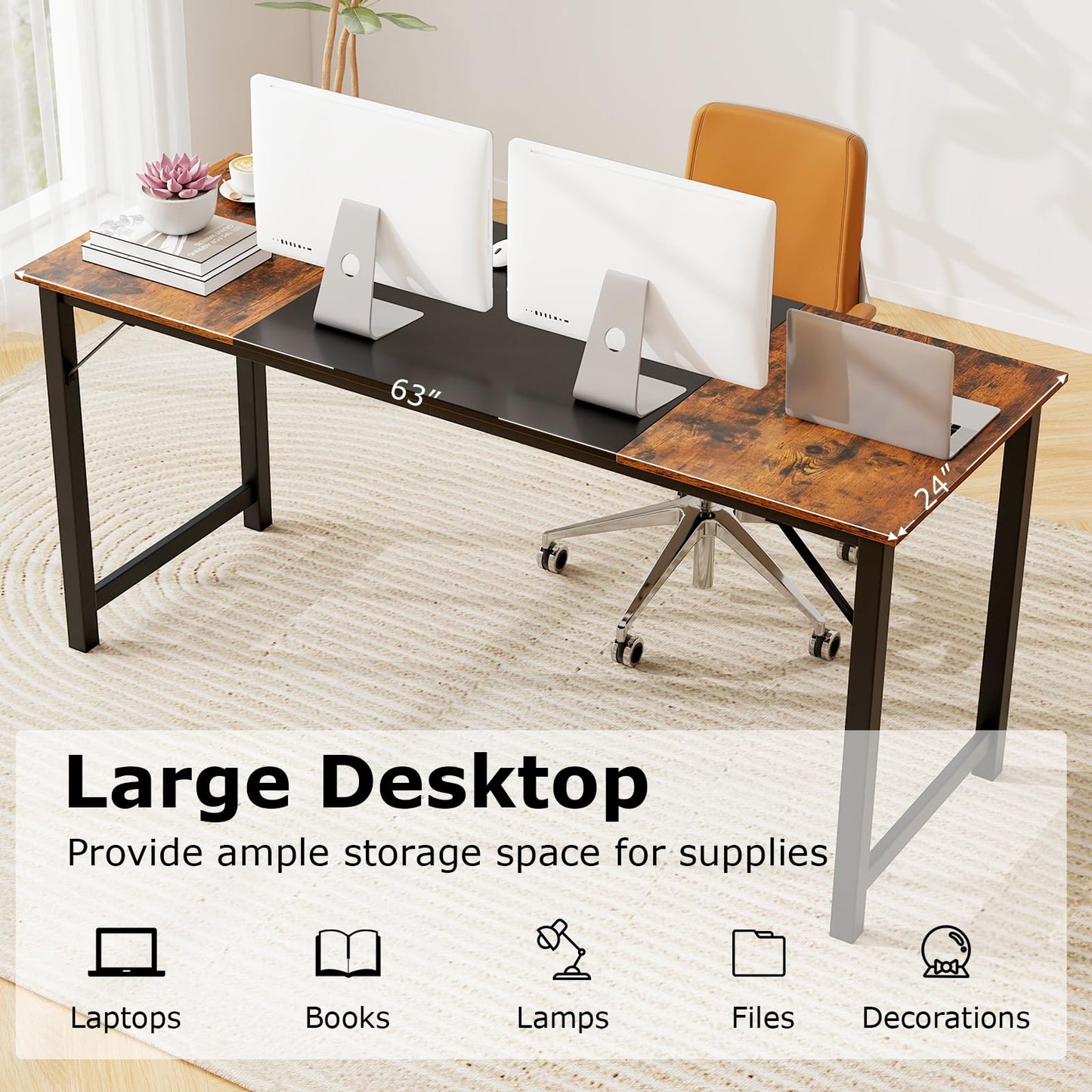 Tangkula 63 Inch Large Home Office Computer Desk, Study Writing Desk with Heavy Duty Metal Frame, Spacious Conference Desk, Industrial Computer Table Workstation