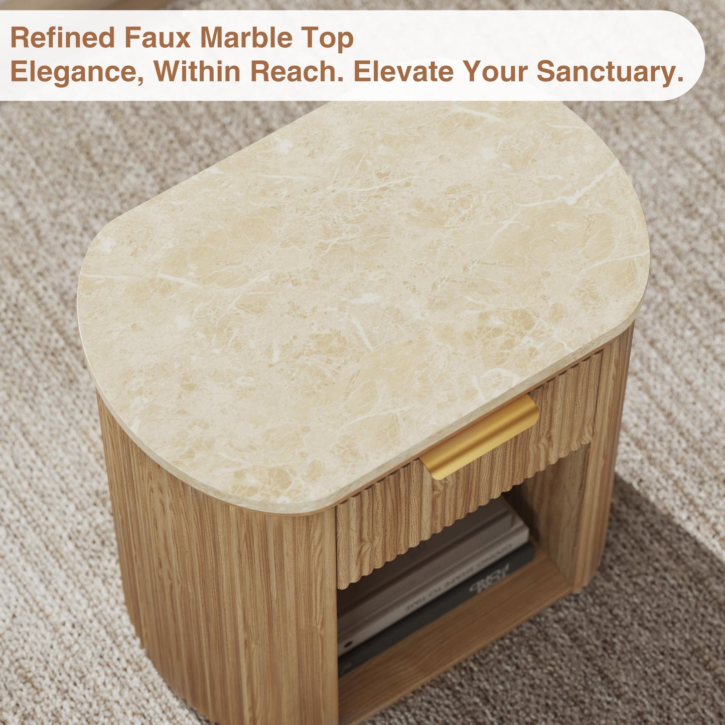 Fluted Nightstand with Faux Marble, 23.6" Large Bedside Side Table with Drawer, Wood End Table with Storage, Curved Round Corner, Furniture Bedroom Sofa, Mid Century Modern, Boho,Oak, Marble