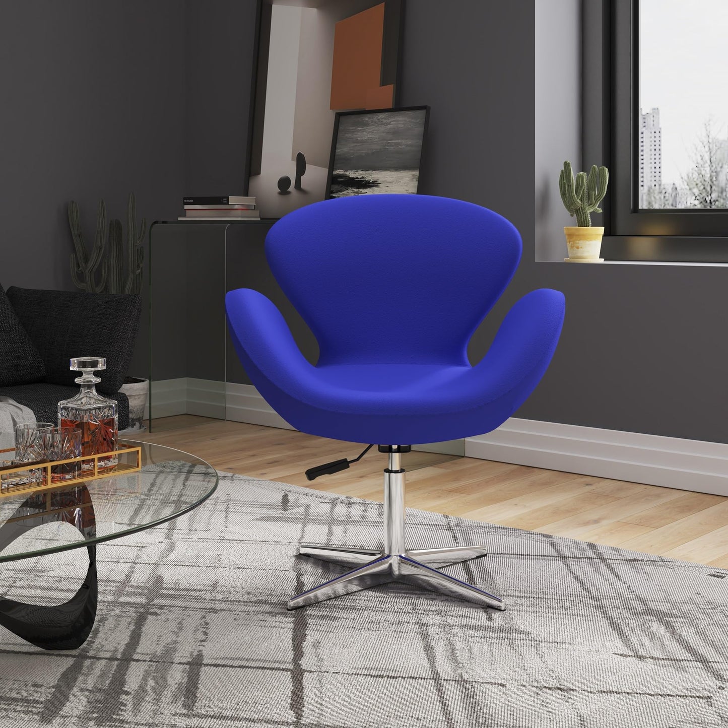 Manhattan Comfort Raspberry Adjustable Swivel Accent Chair Set of 2 with 360° Turn, Polished Chrome Base, Modern Retro Design, Ideal for Living Room and Home Office, Set of 2, Blue