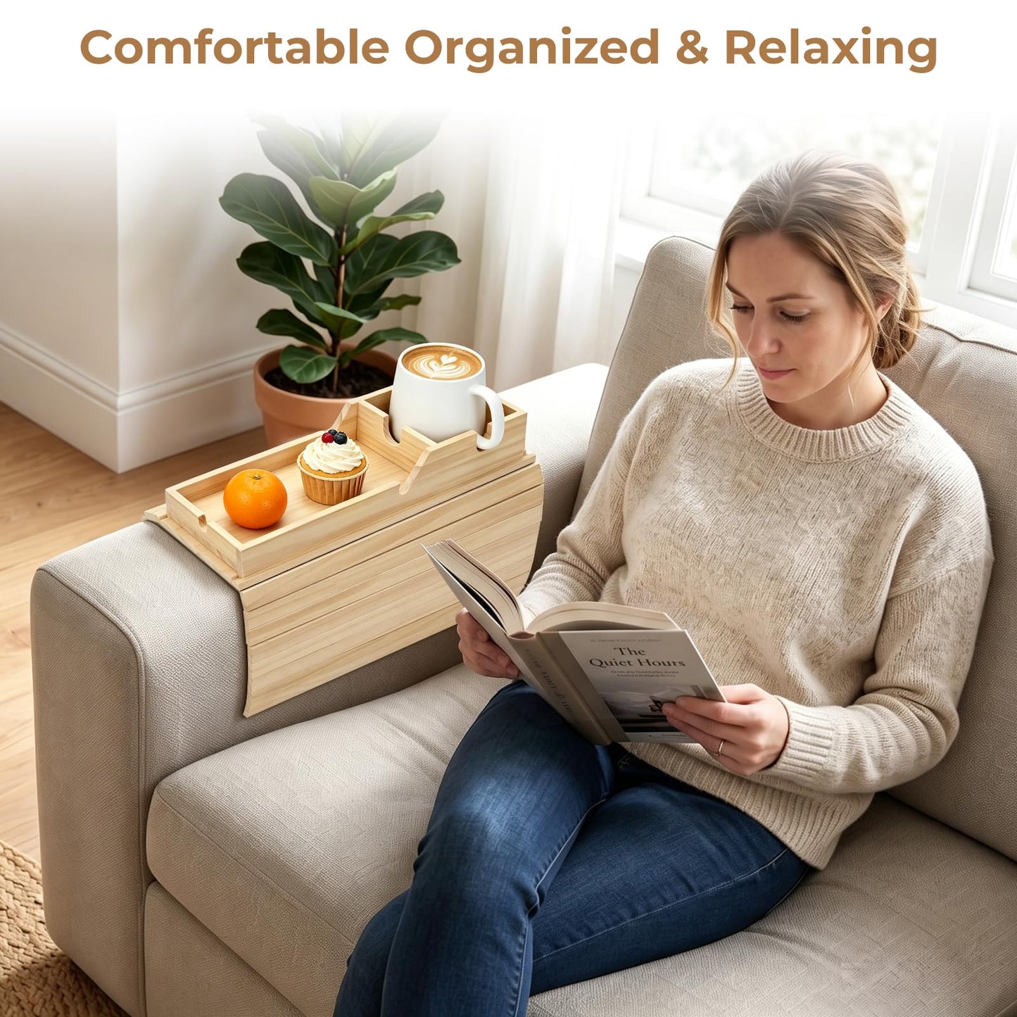Bamboo Wood Sofa Armrest Tray, Couch Arm Tray with Detachable Couch Cup Holder, 2 in 1 Anti-Slip Foldable Sofa Armchair Caddy Table for Tea TV Remote Cellphone Snacks
