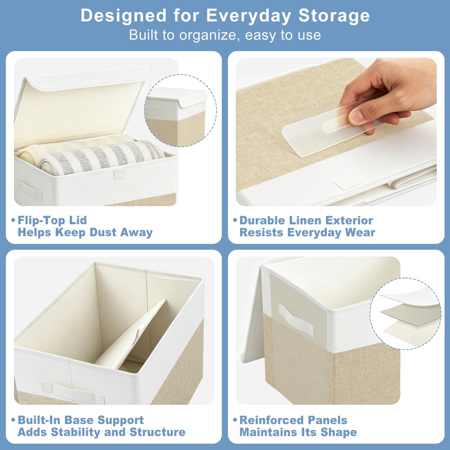 Bagnizer Large 22 Quart Linen Fabric Foldable Storage Bin Cube Organizer Basket with Flip-Top Lid & Handles, Clothes Blanket Box for Home, Office, Closet, Beige & White, 4 Pack 14.6 x 9.5 x 9.5”