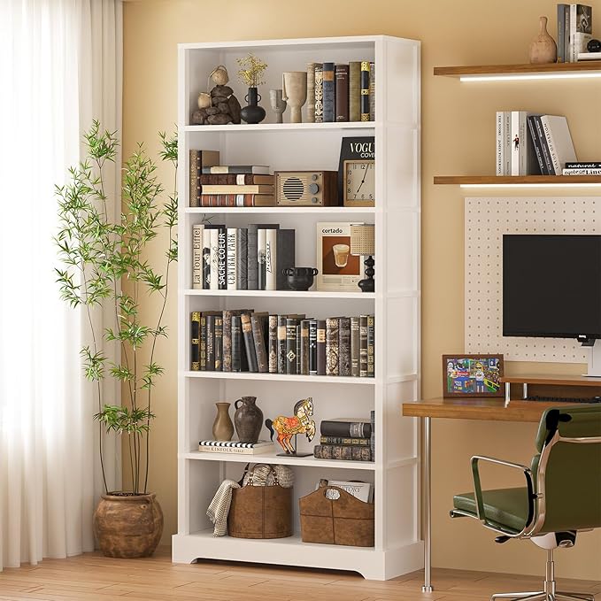 TVU 6-Tier Wooden Bookshelf, 77.2" Tall Farmhouse Style Open Bookcase, 31.5" W