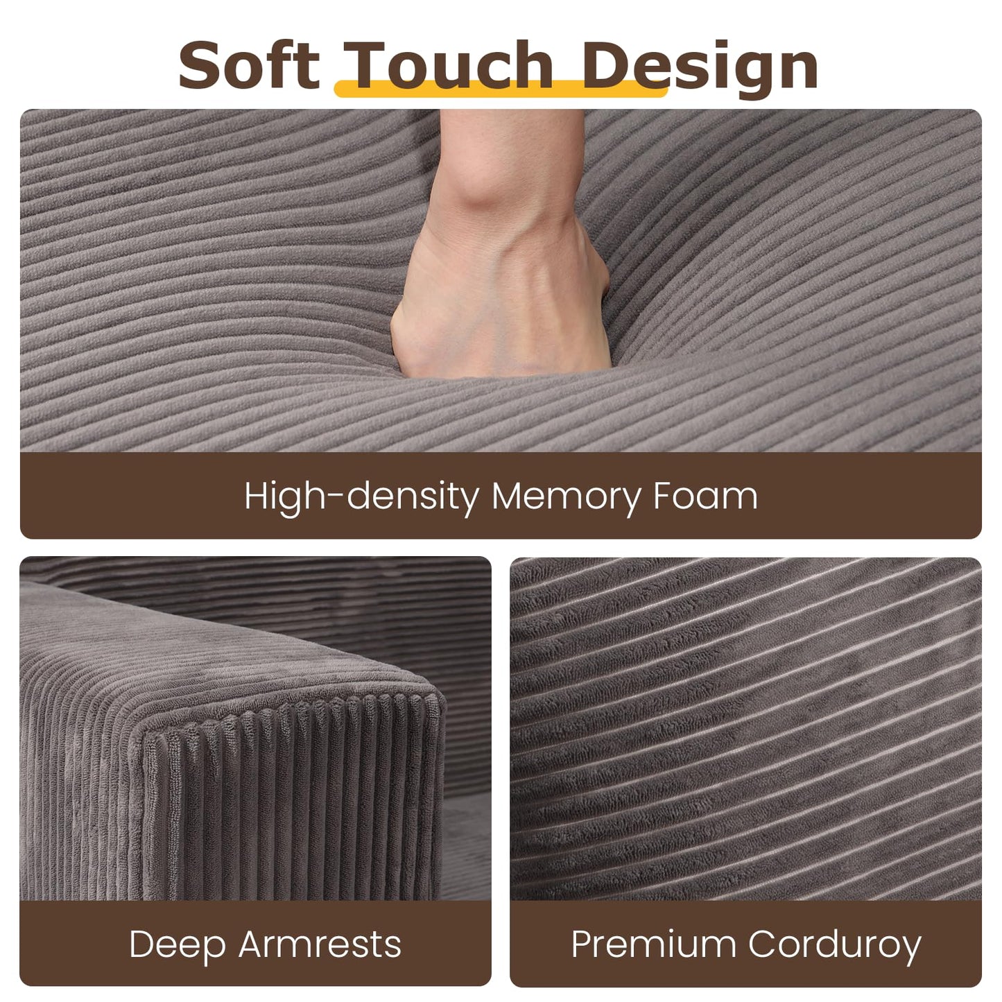 cidludto Convertible Sofa Bed, 3 in 1 Loveseat Folding Couch Bed Foldable - Boneless Couch & Floor Futon, Corduroy Pull Out Sofa Bed with 4 Pillows for Living Room, Grey