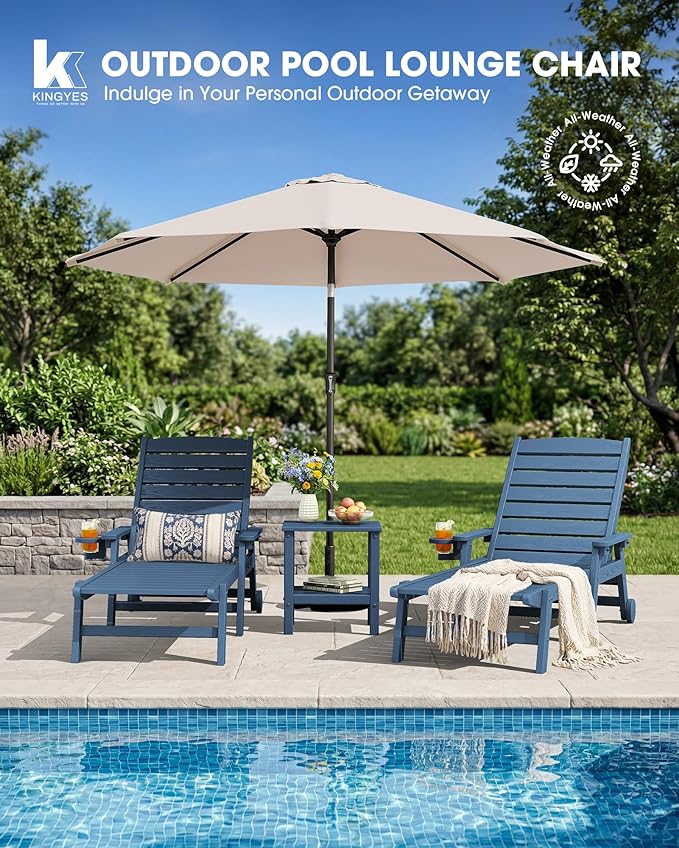 KINGYES HDPE Lounge Chair Outdoor Set of 2, Patio Chaise Lounge Recliner