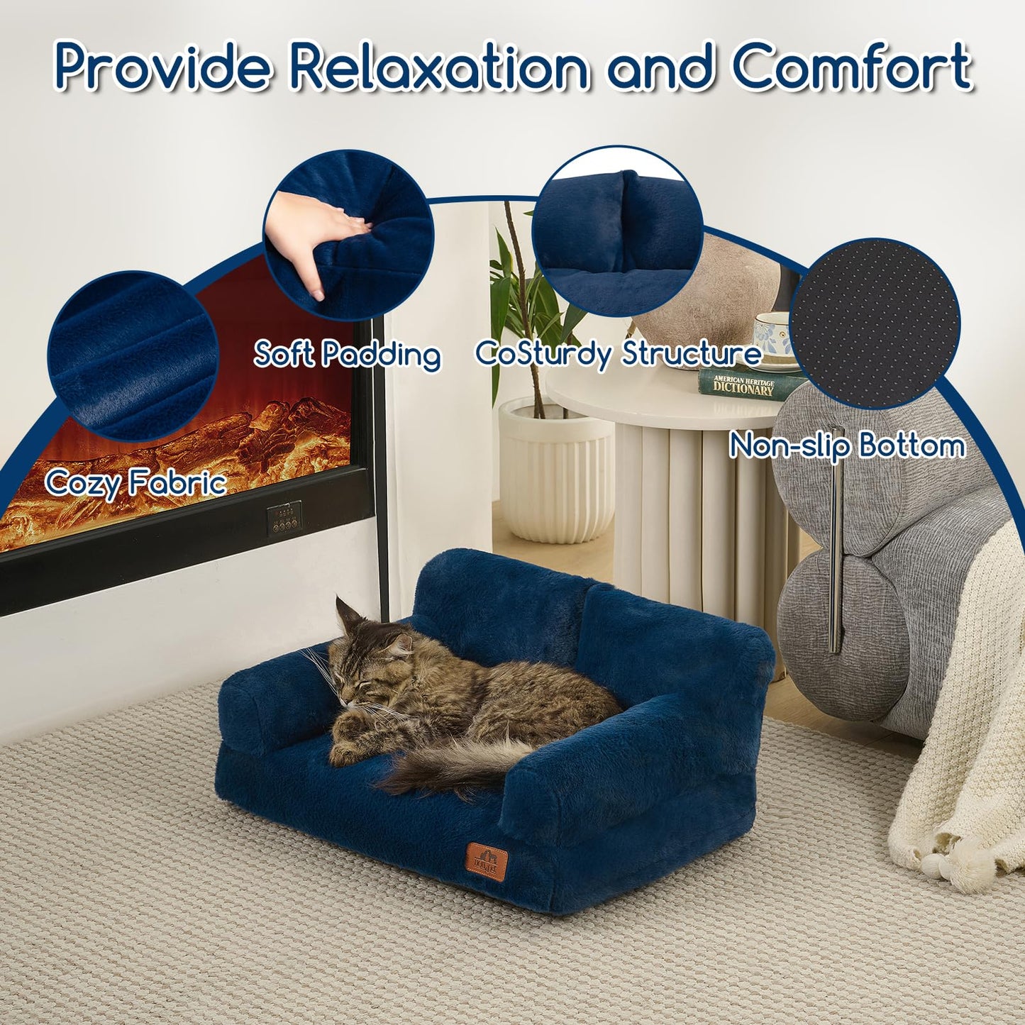 Hollypet Fluffy Dog Cat Bed Pet Couch Beds Plush Soft Warming Washable Puppy Bed for Small Medium Dogs and Large Cats, Cobalt Blue, 24" L x 18" W x 10" Th