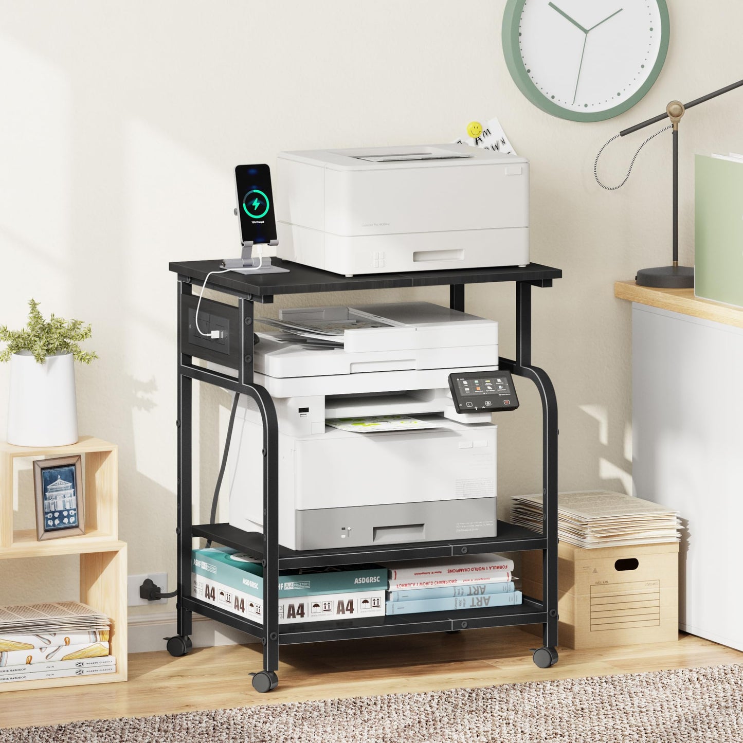 YAOHUOO 3 Tier Large Printer Stand with Power Outlet/Adjustable Storage Shelf, Rolling Cart with Wheels, Printer Table for Home Office 3D Printer/Heat Press/Laser, 22"×15" Black
