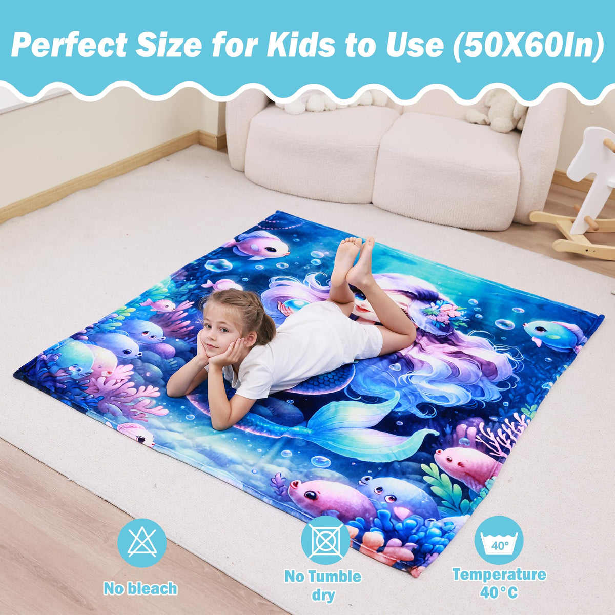 Softan Kids Throw Blanket for Girls & Boys, Warm Soft Toddler Fleece Blankets for Sofa Couch Bed， Cozy Fuzzy Plush Flannel Kids Throw Blanket for Daycare & School - 50x60In Blue Mermaid