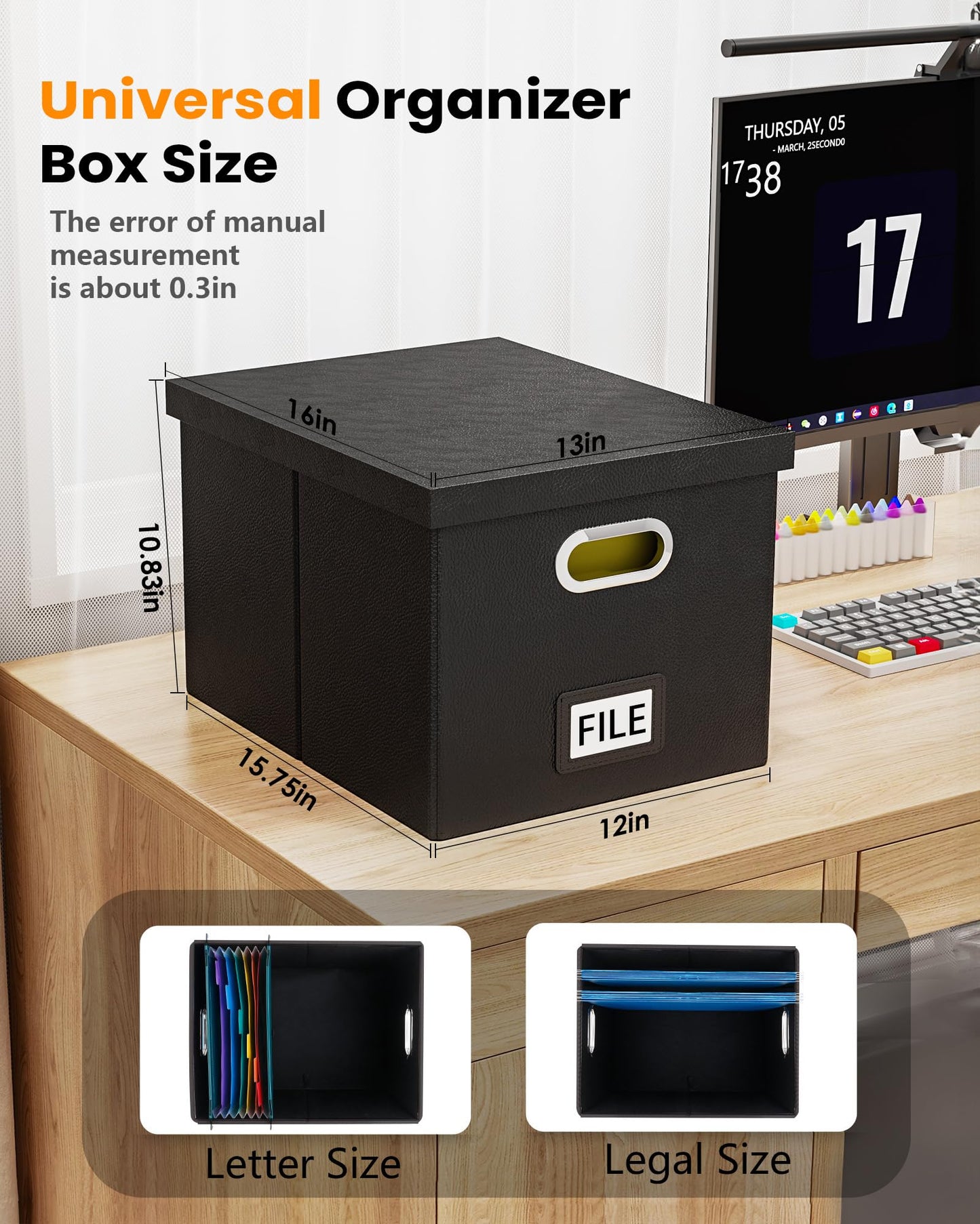 Oterri File Organizer Box with Lid - Portable Hanging File Box for Letter/Legal Files, Office/Decor/Home, 1 Pack, Black Leather