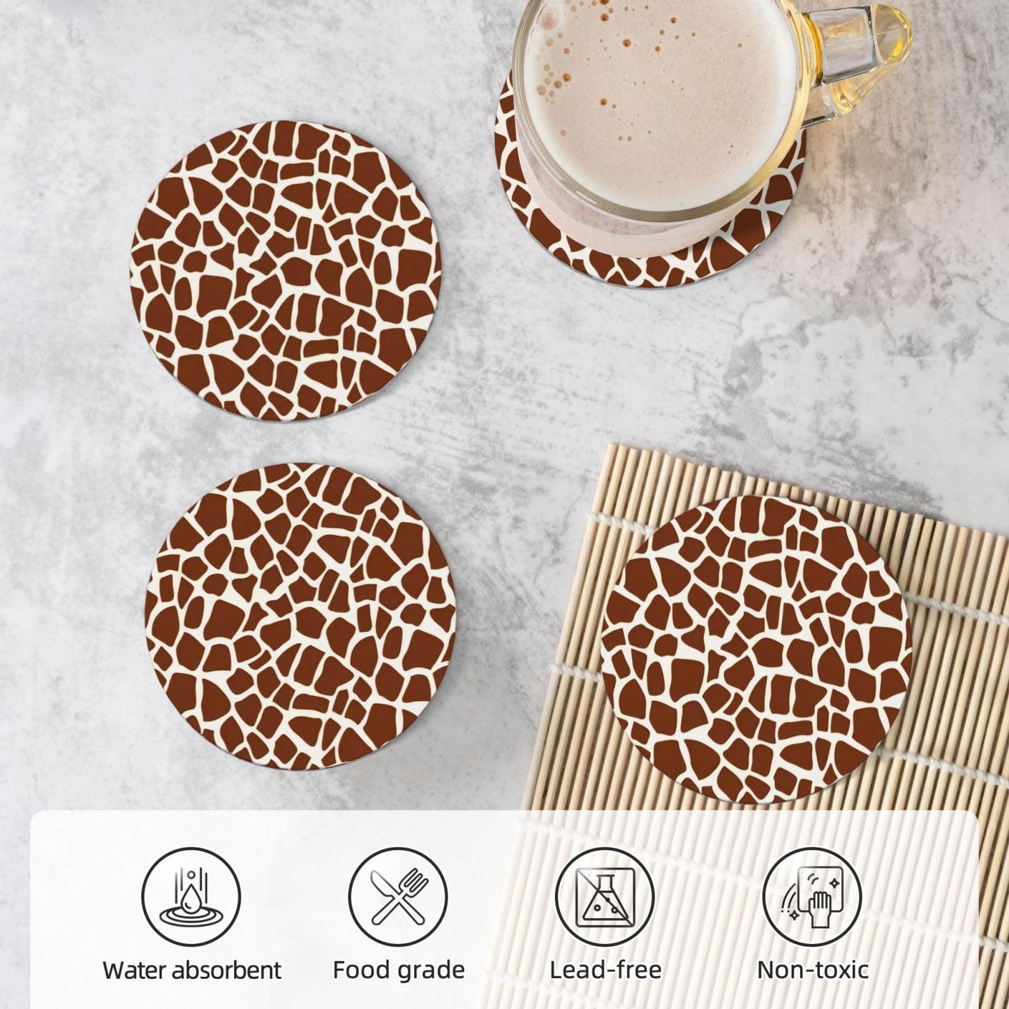 Giraffe Coasters Set of 4, Absorbent Ceramic Drink Coasters Cup Mat for Coffee Bar Mug Table Protection Kitchen Home Decor, 4 Inch
