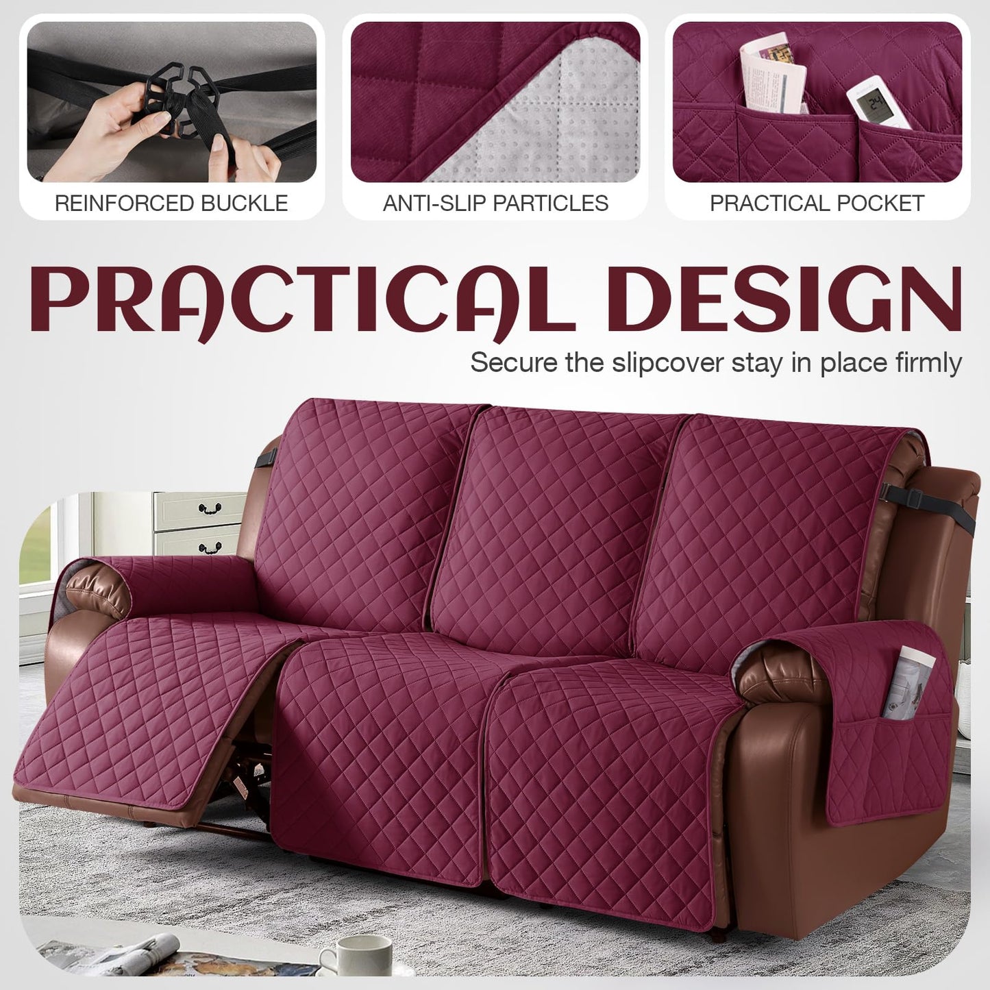 KinCam Recliner Sofa Covers for 3 Seat, 100% Waterproof Reclining Couch Covers, Non-Slip Recliner Couch Cover Furniture Protector with Elastic Straps for Pets, Kids, Burgundy